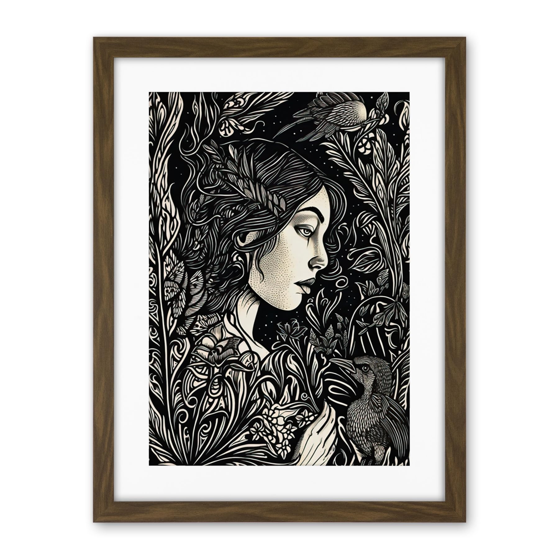 Artery8 Woman with Crow in a Field Black and White Linocut Artwork Framed Wall Art Print 18X24 Inch