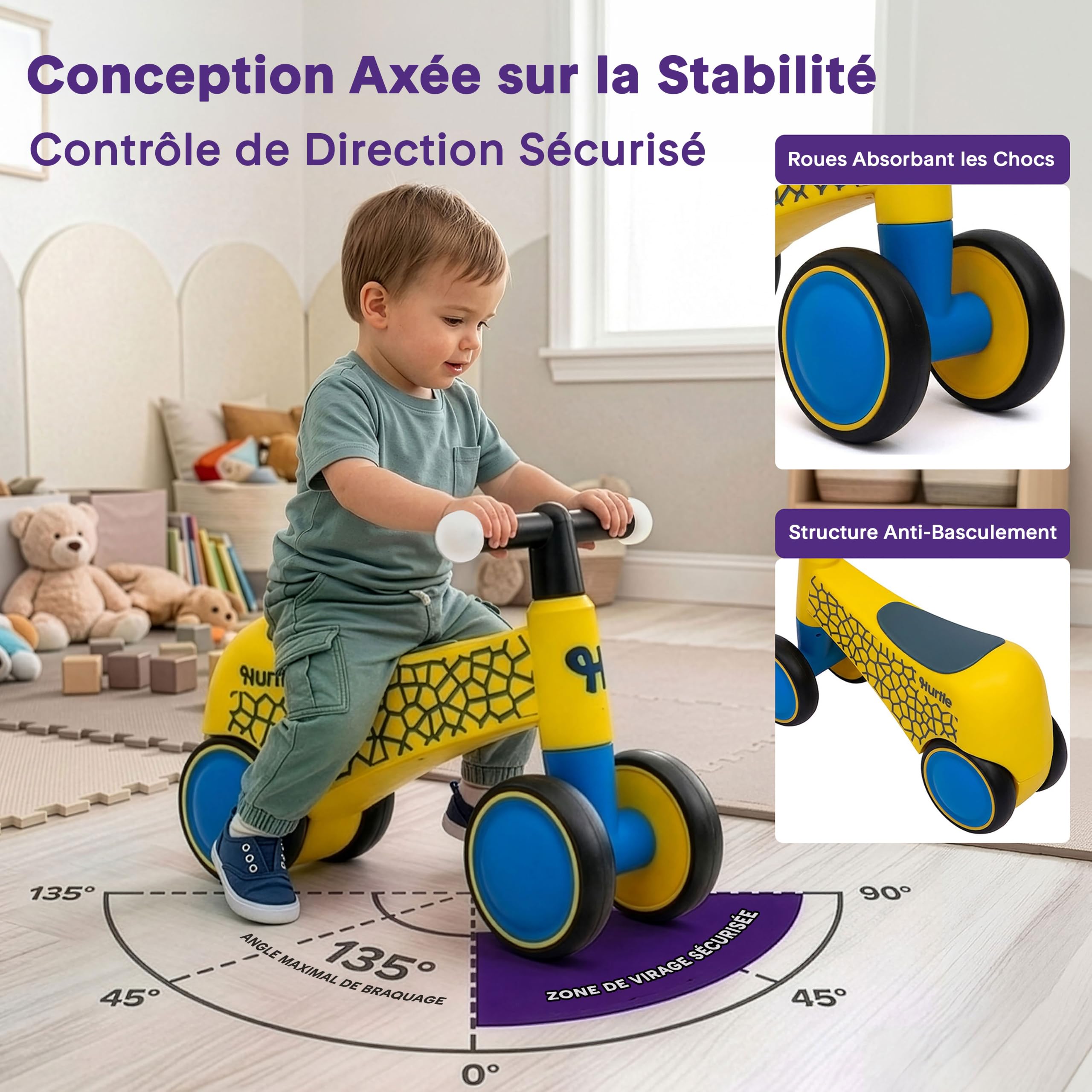Hurtle Draisienne Bébé 4 Roues LED | 18–36 Mois | Vélo Équilibre 2 Ans Item Highlights: Guidon LED interactif, Stabilité 4 Roues, Rotation 135°, Siège rembourré, Charge 25 kg