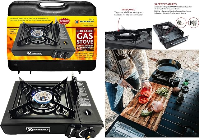 MARKSMAN Portable GAS COOKER Butane Camping Stove FREE Carry Case BBQ Outdoor Indoor Kitchen Hiking Single Burner Caravan House Party Boating Fishing Cookware Garden Patio Picnic Cooking Refills UK