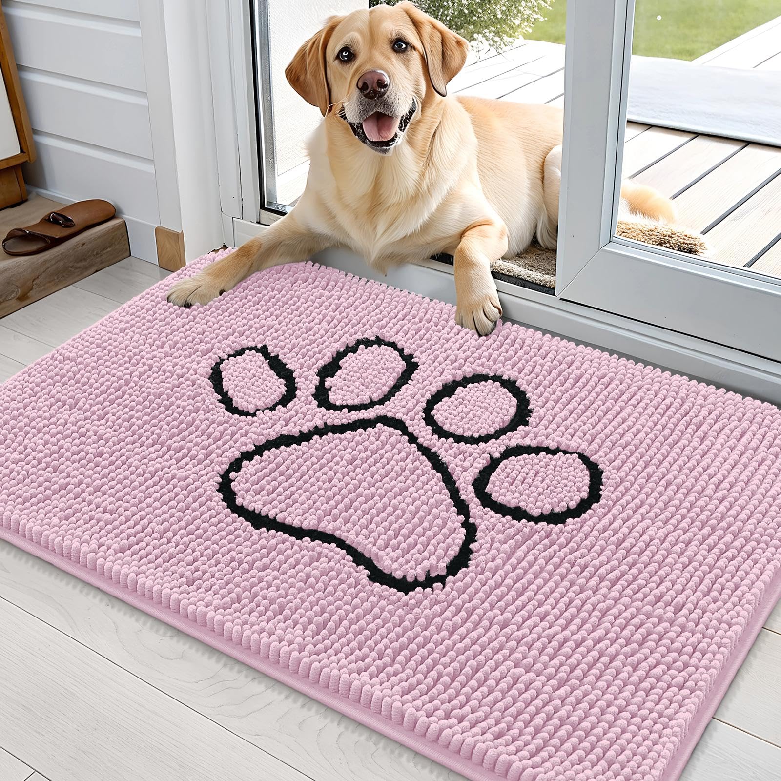 OLANLY Dog Door Mat for Muddy Paws 36x24, Paw Print Design Chenille Mud Mat