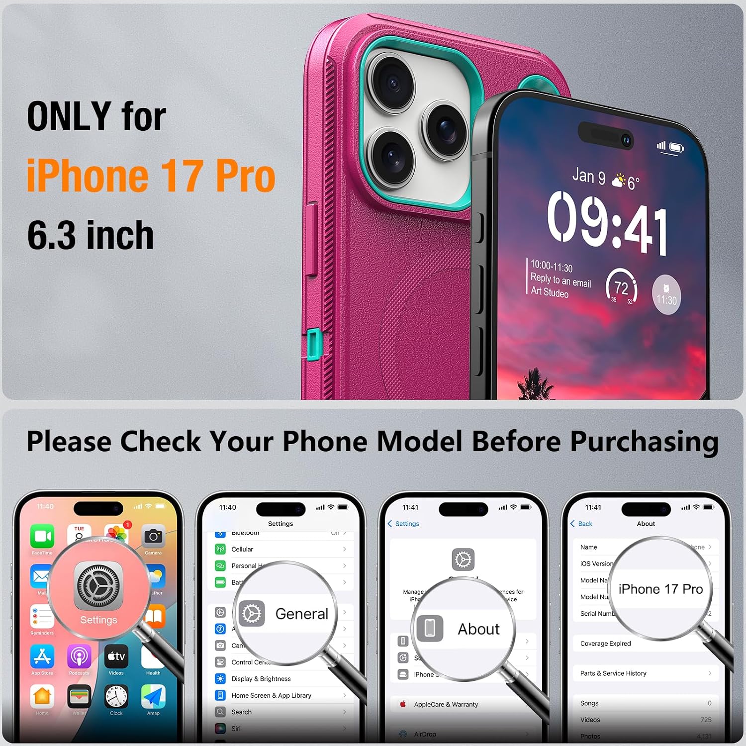 TUTUKII Compatible with iPhone 17 Pro Case with Screen Protector, Shockproof, Compatible with MagSafe, 3-Layer Drop Protection, Heavy Duty Magnetic Phone Case Cover, 6.3", Hot Pink/Teal