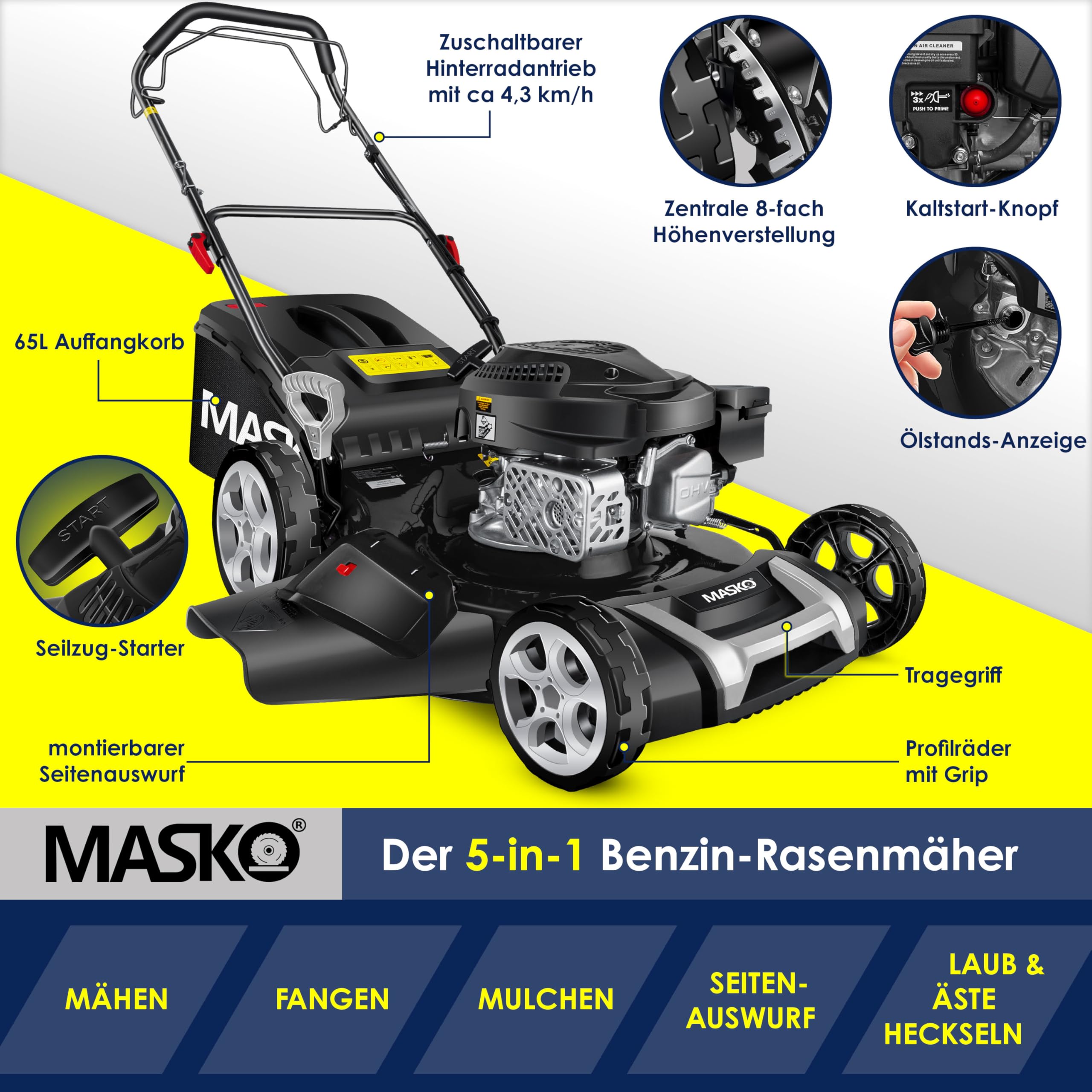 MASKO® Benzin Rasenmäher 5in1 | 51 cm Schnittbreite | 8- fache Schnitthöhenverstellung | 4 Takt OHV Motor 6,0 PS | 65 Liter Fangkorb| Inkl. Mulch- Kit, Seitenauswurf