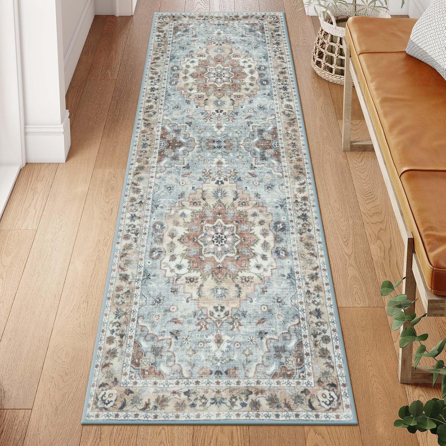 Green Floral 2' x 6' Washable Non-Slip Runner Rug