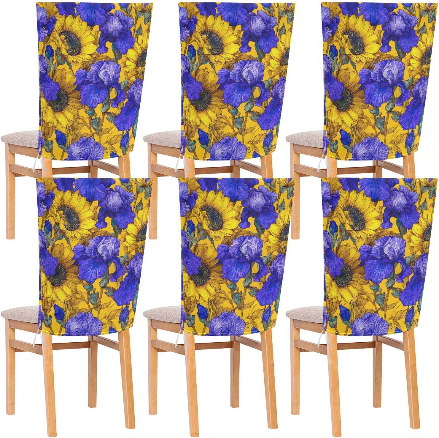 ALAZA Iris Flowers Cute Sunflowers Chair Back Cover Set of 6, Washable Reusable Removable Chair Slipcovers Decorative Chair Cover for Home Kitchen Wedding Party
