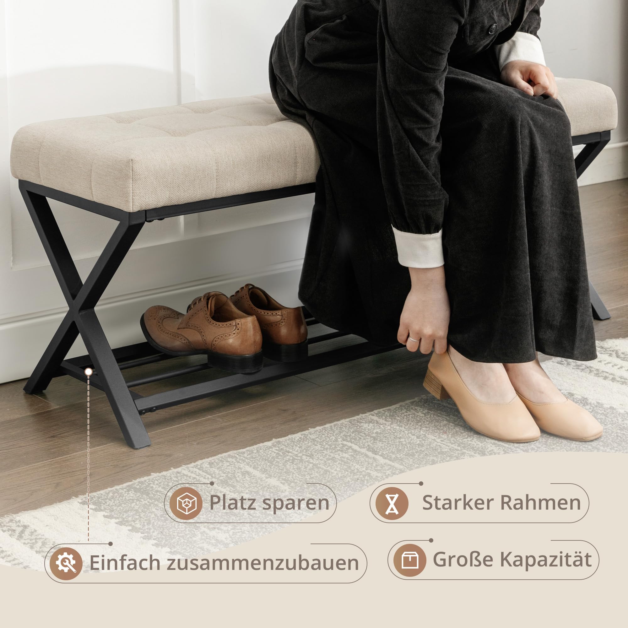 LUE BONA Schuhbank,Schuhbank mit Sitzfläche,Schuhbank mit Sitzbank und Leinen Gepolstertem,Sitzbank Flur mit Metallrahmen für Eingangsbereich,Wohnzimmer,Flur,113 x 38 x 46 cm,Leinen