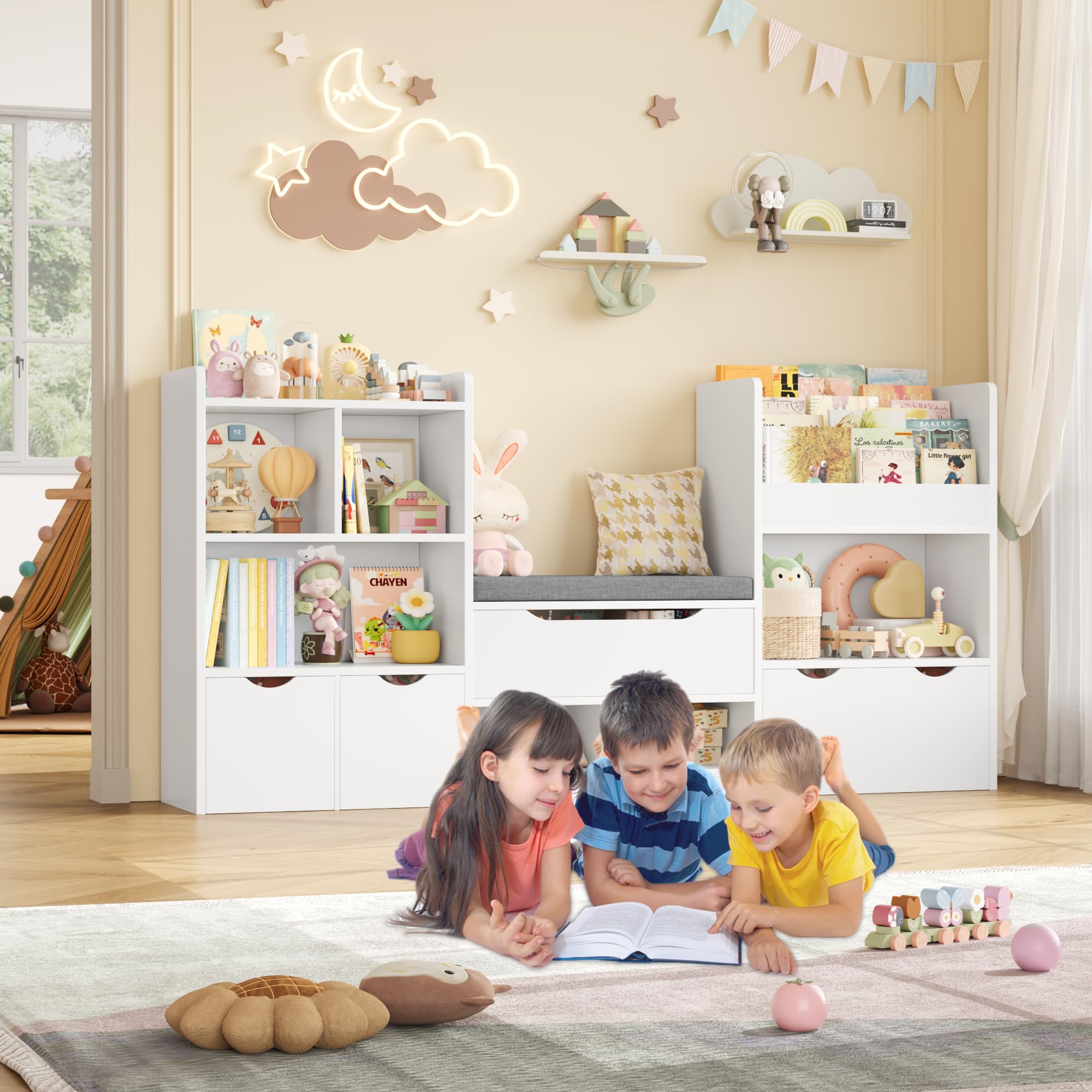 FOREHILL Meuble Rangement Enfant 183.5cm Bibliothèque Enfant avec Banc 11 Étagères 3 Tiroirs Roulants Rangement Jouet pour Chambre d’Enfants Salle de Jeu 183.5x29.8 x94.5 cm