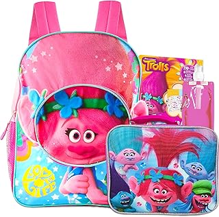 Trolls Backpack and Lunch Bag Set - 16” Trolls Poppy Backpack Bundle with Water Pouch, Stickers | Trolls Backpack for Girls