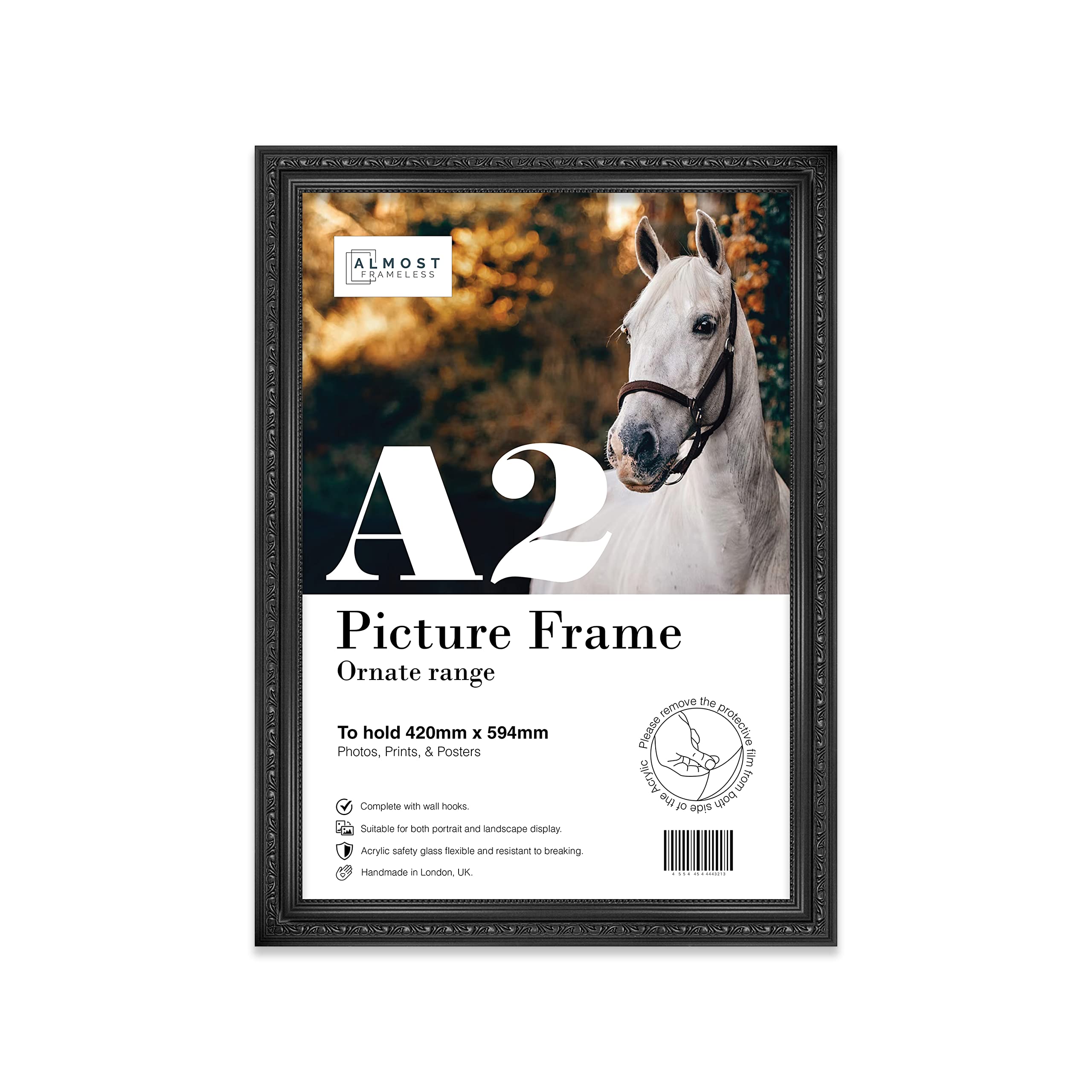 Almost Frameless Black Picture Frame A2 Black Ornate Picture Frame Fits A2 (42 X 59.4Cm - 16.5 X 23.4In) Poster, Photo, Artwork, Or Print. Shabby Chic Style Portrait And Landscape Display With Wall Hooks