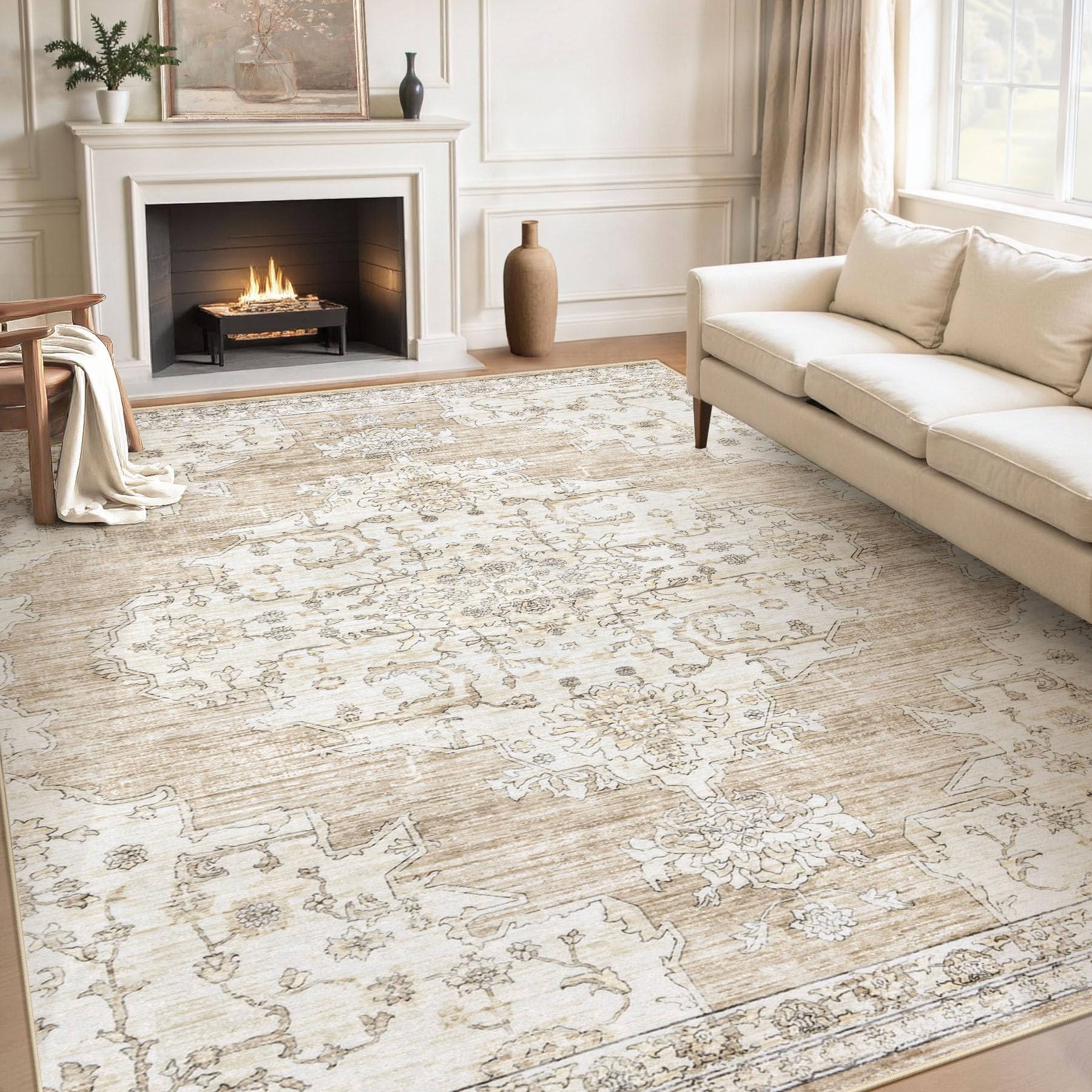 8x10 Area Rugs Washable Rug:Large Vintage Living Room Rugs with Non-Slip Backing Low Pile Rug Soft Indoor Floor Thin Carpet Non Shedding Neutral