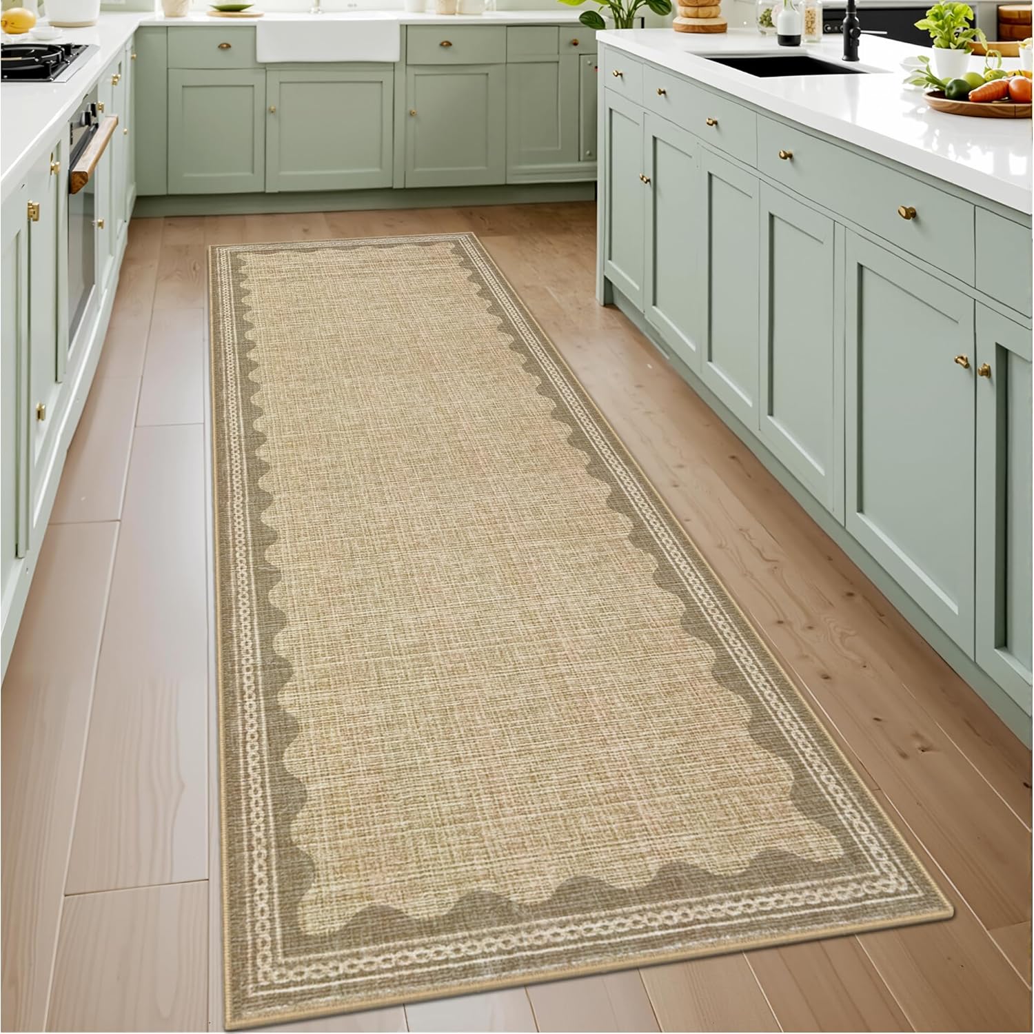 GarveeHome 2.5x8 Runner Rug for Hallway Washable Kitchen Rugs Non Slip Solid Tan Jute Digital Printing Modern Soft Low-Pile Scalloped Indoor Carpet for Entryway Laundry Room Floor Mats Jute 2'6" x 8' (Rectangular)