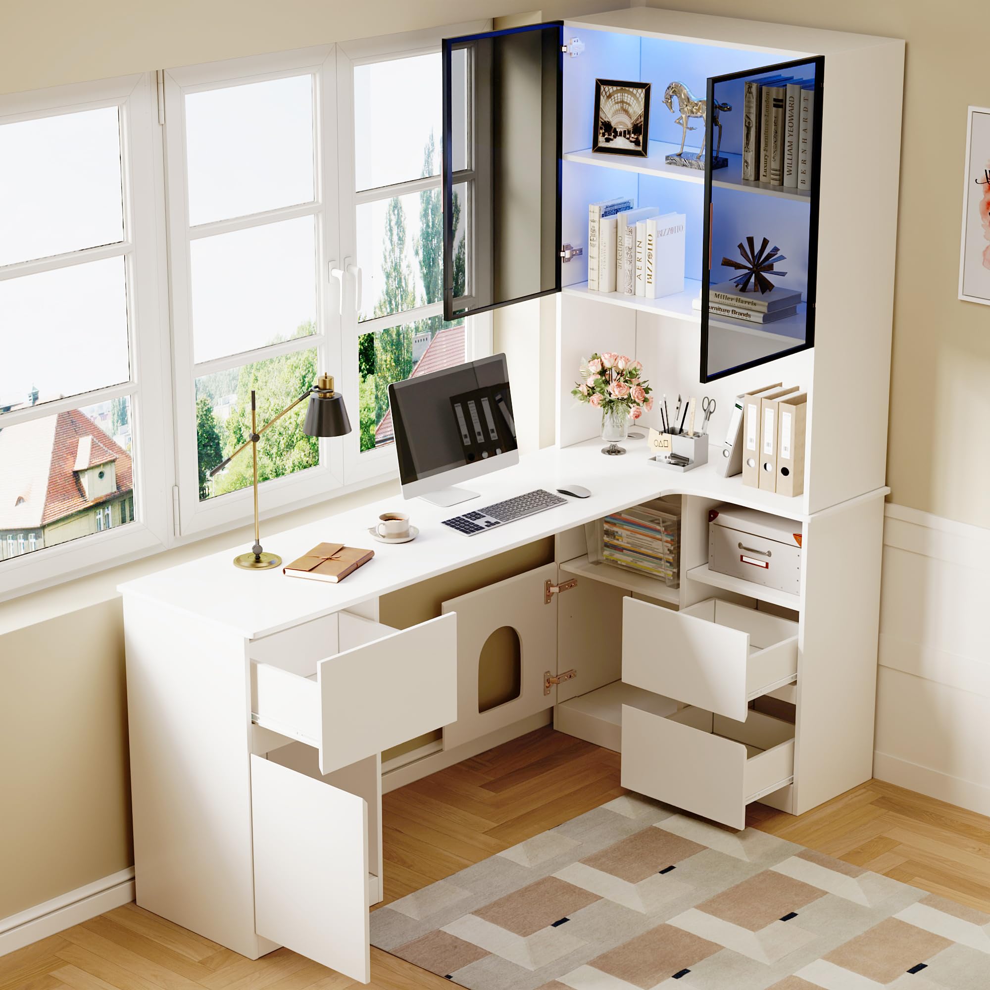 Scrivania angolare con ripiano e vetrina a LED – scrivania con gestione dei cavi, scrivania angolare con libreria integrata (Bianco - Destra, 120×80×180 cm)