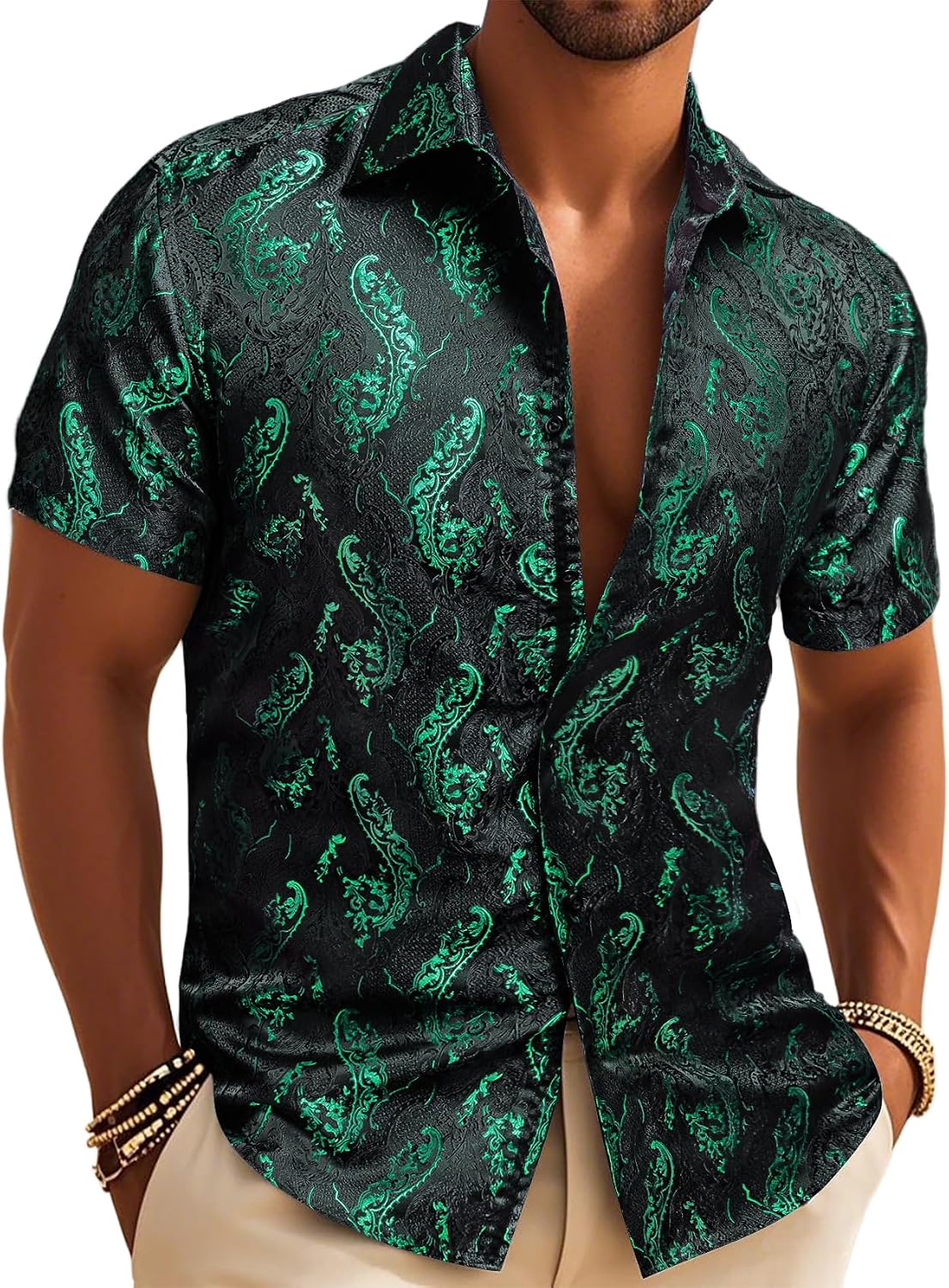 Men's Silk Shirt Paisley Floral Jacquard Short Sleeve Button Down Dress Shirts Formal Casual Wedding Party