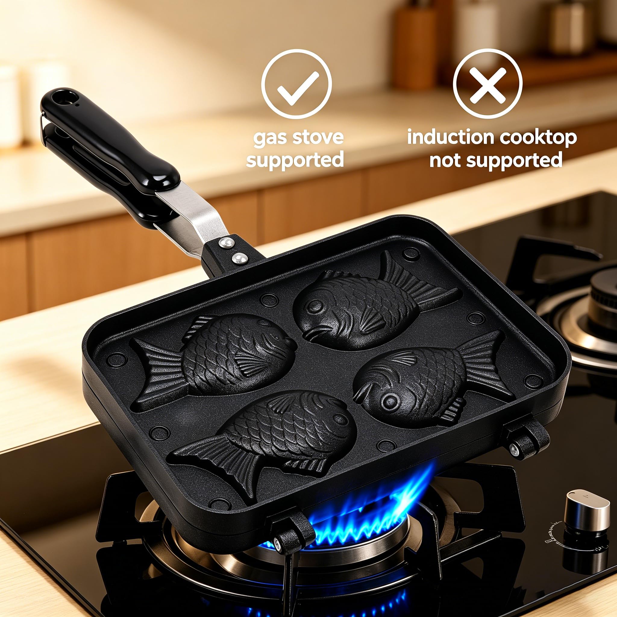 Yctze Moule à gâteau double Taiyaki en forme de poisson, antiadhésif, mini gaufrier avec long manche, moule électrique japonais coréen pour enfants et professionnels