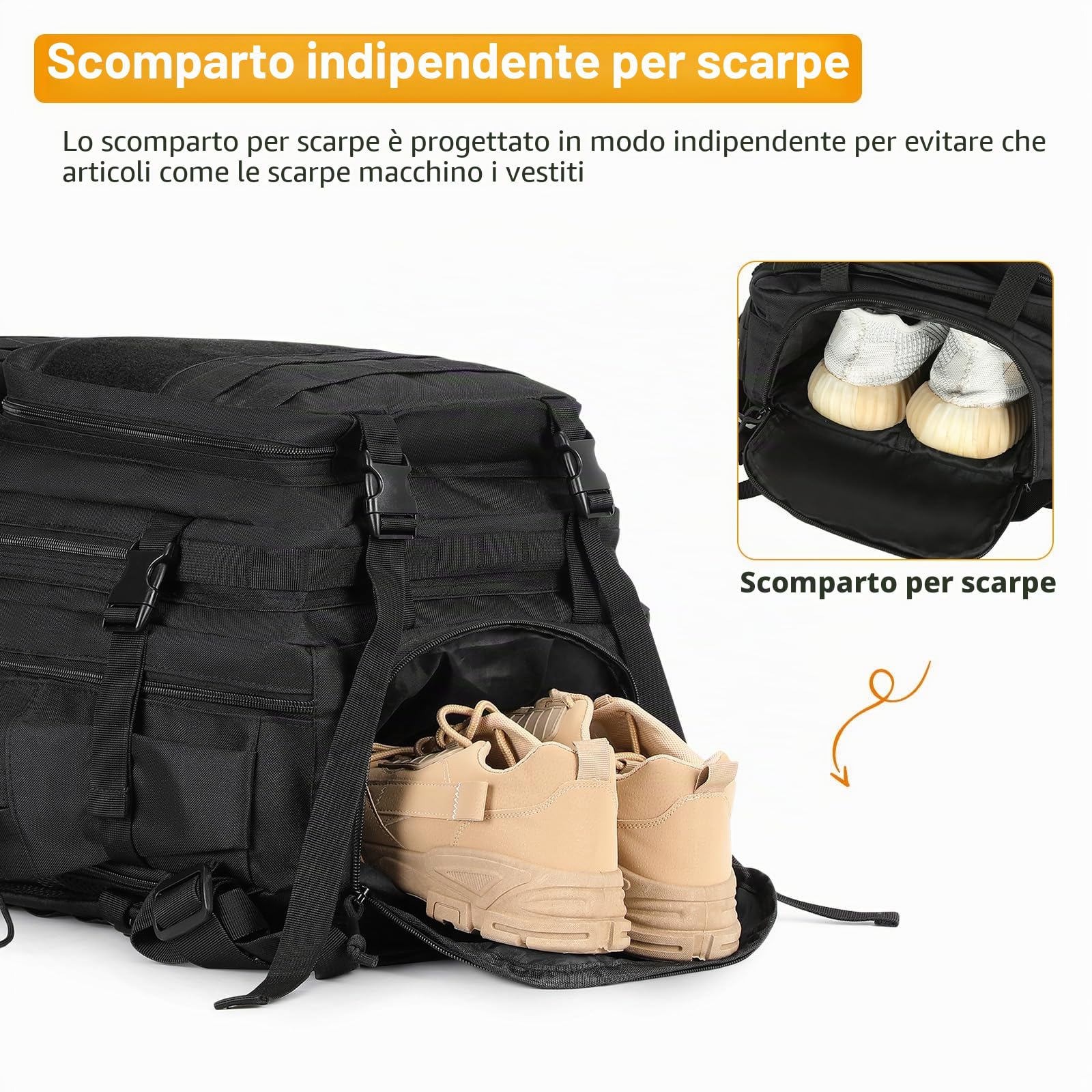 HUNTVP 50L Zaino Militare con Scomparto per Scarpe Zaino Tattico Molle Impermeabile per Sport Escursionismo Campeggio, nero