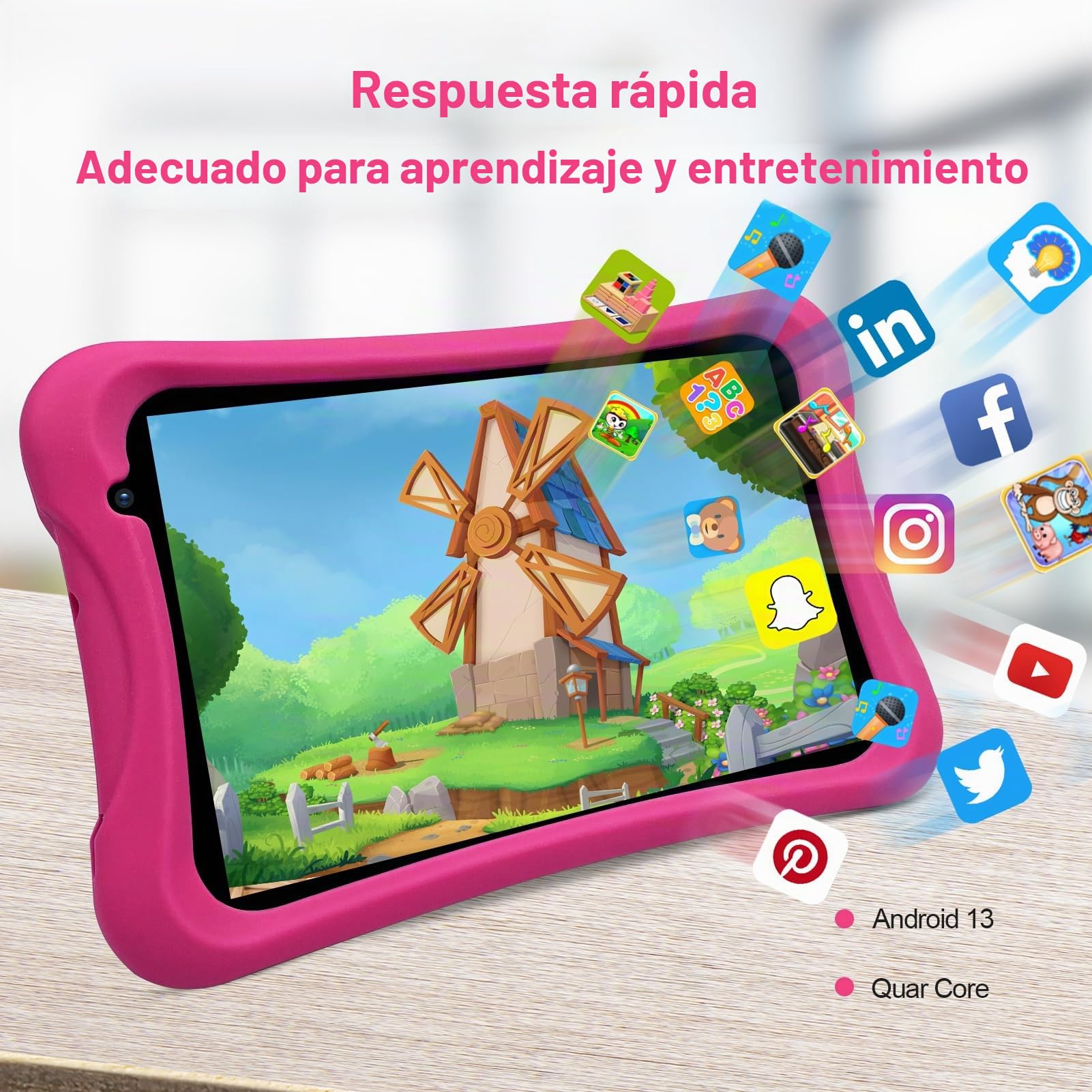 PRITOM Tableta para niños, 8 Pulgadas Android 10 Tablet para niños con Control Parental WiFi 2GB RAM 32GB ROM 1280 * 800 IPS Cámara Trasera Dual con Estuche Tableta para niños para Aprender (Rosa)