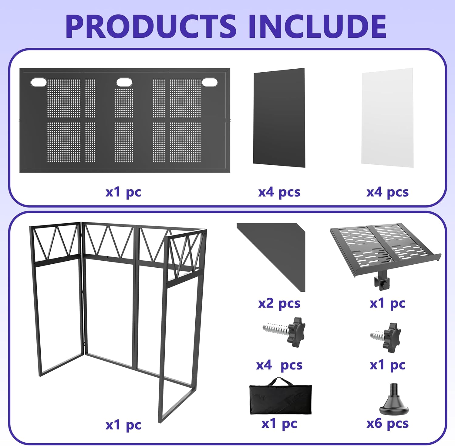 Foldable DJ Booth with Laptop Stand, DJ Table with Dual Corner Panels, Upgraded Metal Frame DJ Facade with Heavy-Duty Reinforced Desktop, DJ Stand for Parties, Black & White Scrims, Carry Bag