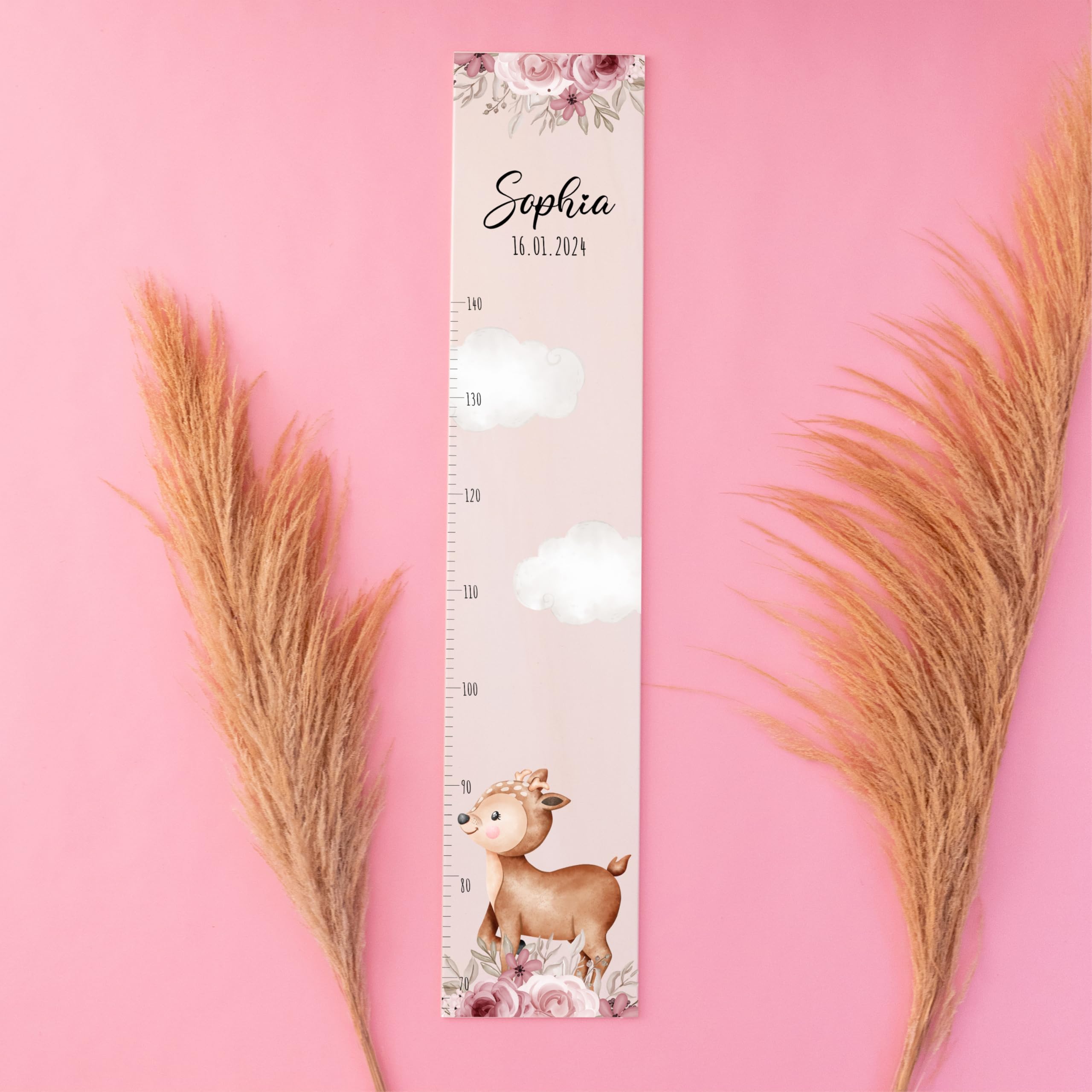 Bärenfreunde® - Personalisierte Messlatte Kind Holz zum Kleben oder Aufhängen - Skala 70-140cm - Süße Dekoration für Baby- & Kleinkinderzimmer (Kinder 70-140cm, Reh Blumen)