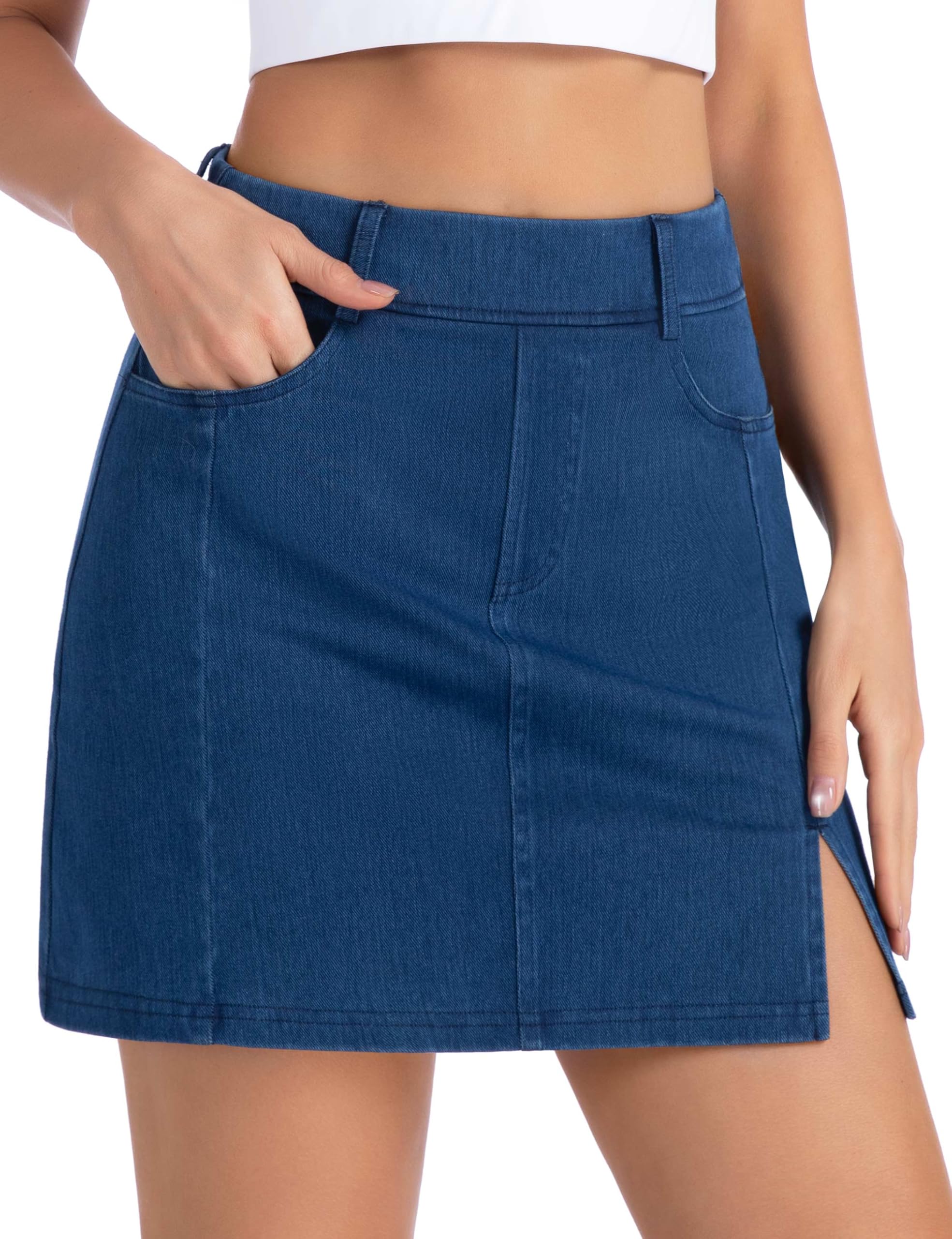 THE GYM PEOPLE Dehnbare Jeans-Skorts für Damen, schmale Passform, seitlicher Schlitz, lässiger Jeansrock mit Taschen