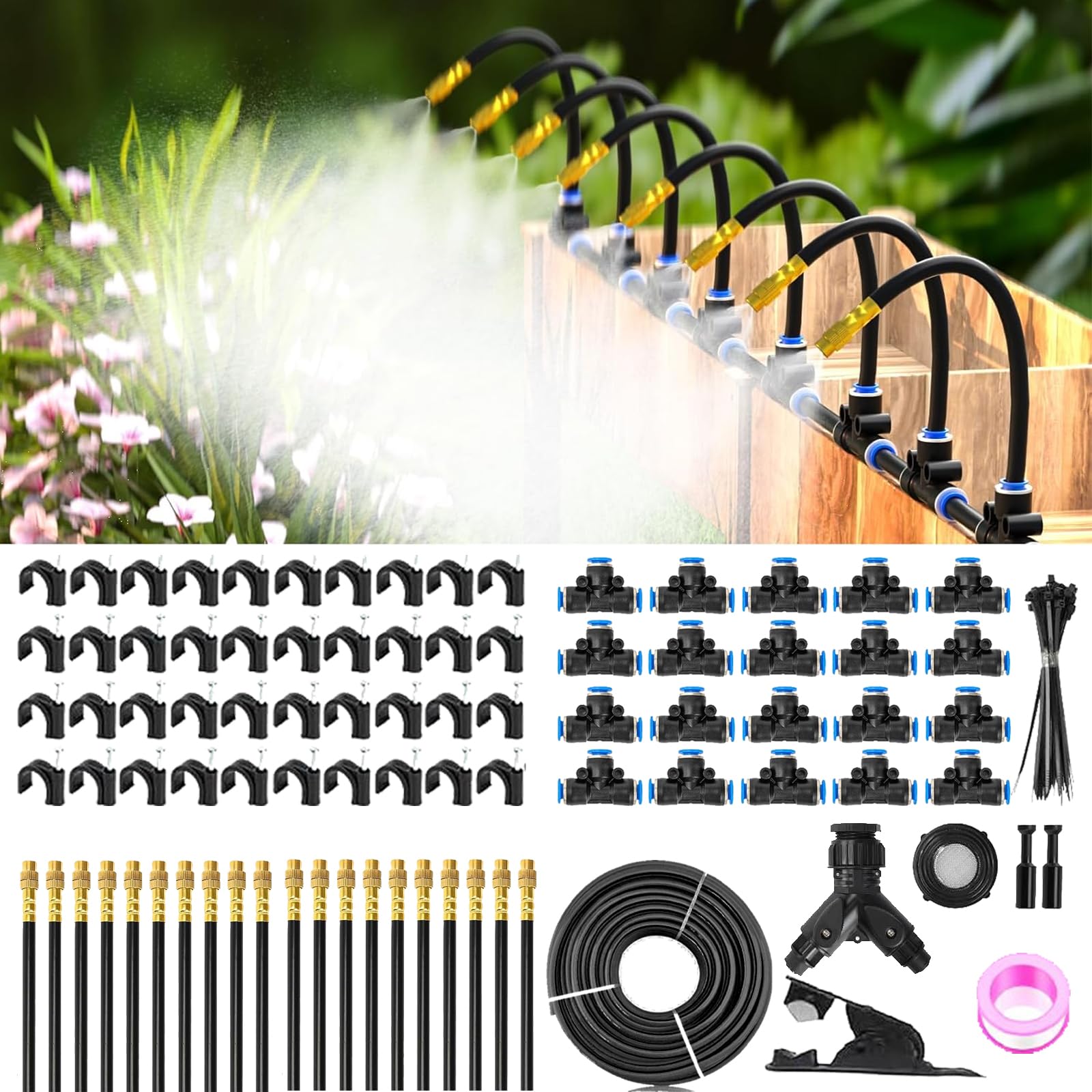 Sistema de riego de jardín flexible a 360°, sistema de riego de 100 pies con 16 boquillas de pulverización ajustables, nebulizador Gardineer para sistema de refrigeración de niebla al aire libre