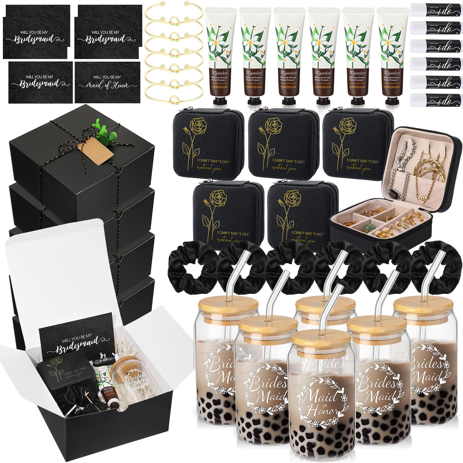 Teenyyou 60 Pcs Bridesmaid Proposal Gifts Bridesmaid Box Set Maid of Honor Gifts Wedding Bridal Shower Include Jewelry Box Glass Cup Scrunchies Hair Knotted Bracelets Hand Cream Lip Balm Cards(Black)