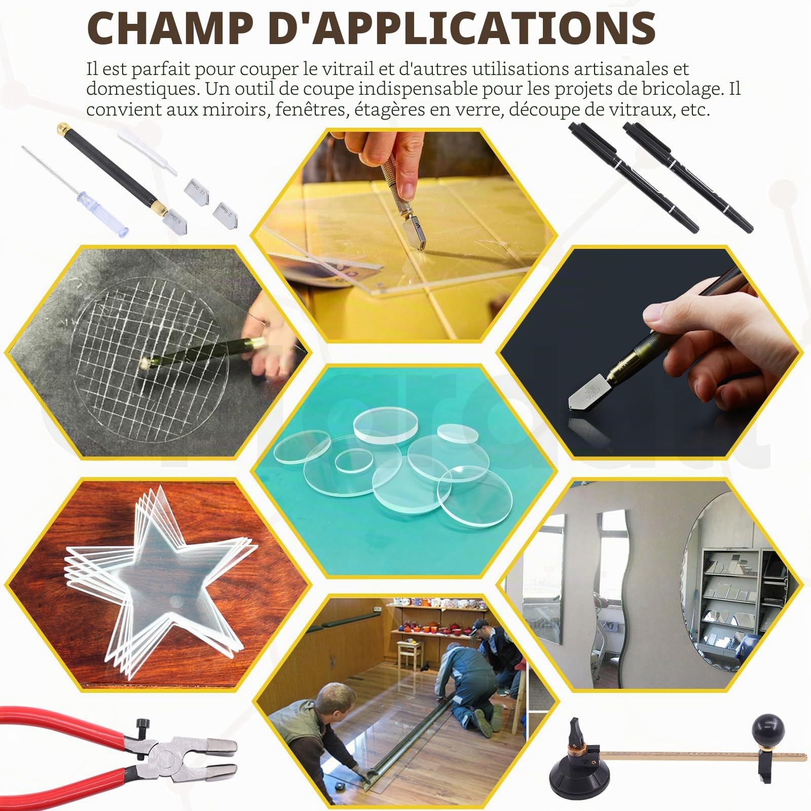 Kit de 9 pièces d'outils de découpe de verre comprend un coupe-verre circulaire ajustable, des pinces à verre avec embout en caoutchouc, embout en carbure à alimentation en huile de 2 mm à 20