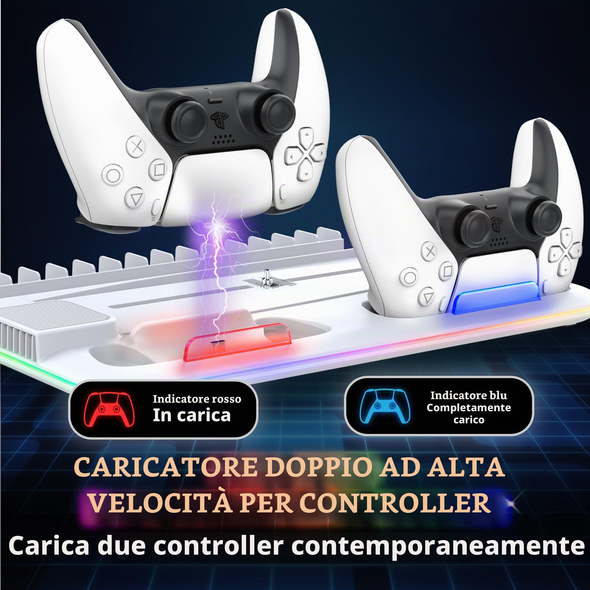 Fosmon - Soporte para PS5 y PS5 Slim e Raffreddamento con Cargador Mando PS5-10 Slots di Gioco e Supporto per Cuffie - con Luce LED RGB - Bianco