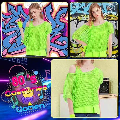 Miniatura 4 de WILDPARTY Camiseta casual sexy de los años 80 para mujer, diseño de red de neón con hombros descubiertos