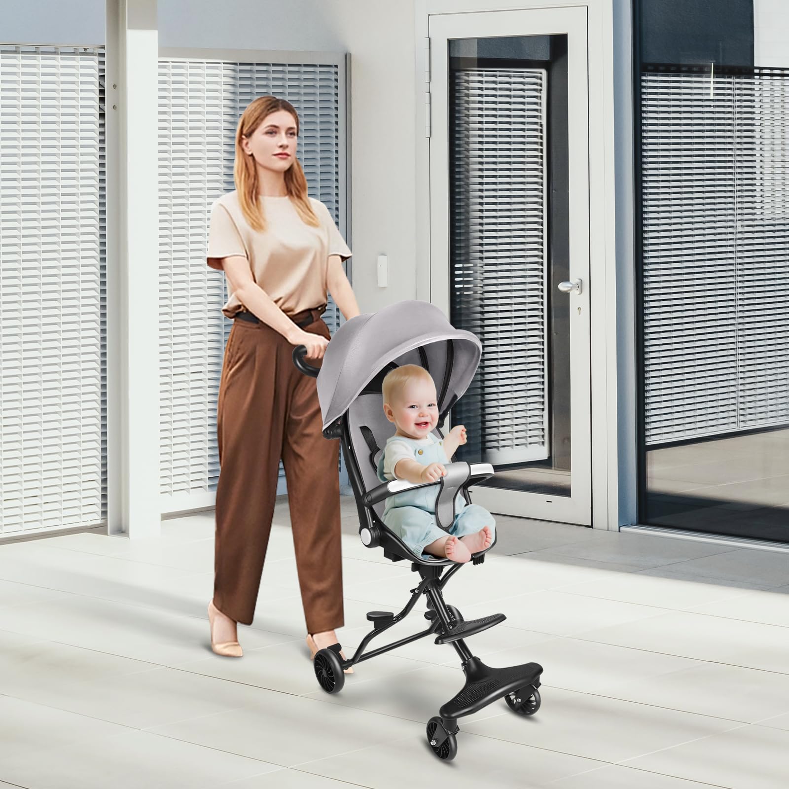 OHMG Passeggino compatto pieghevole 25 kg con sistema trolley cappottina estensibile 0-4 anni 5 kg