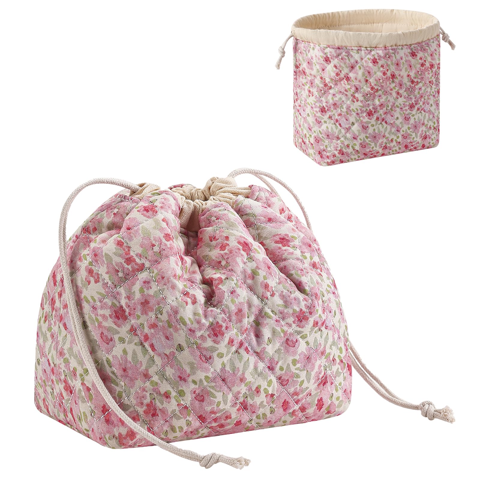 RSRSLEII Kleine Make-up-Tasche aus Baumwolle, gesteppt, mit Kordelzug, süße Kokette-Kosmetiktasche mit Leinenfutter, ästhetische Reise-Kulturbeutel für Geldbörse, Geschenk für Mädchen und Frauen, 03