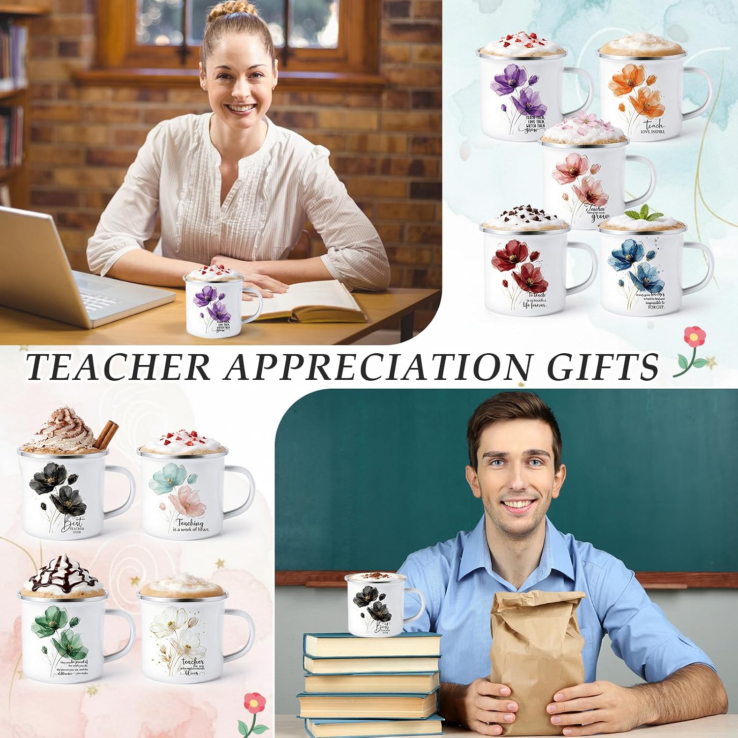18 Pcs Teacher Appreciation Gift Bulk 12 oz Enamel Coffee Mug Teachers Thank You Gifts for Graduation Teacher Week from Students School (Flower)