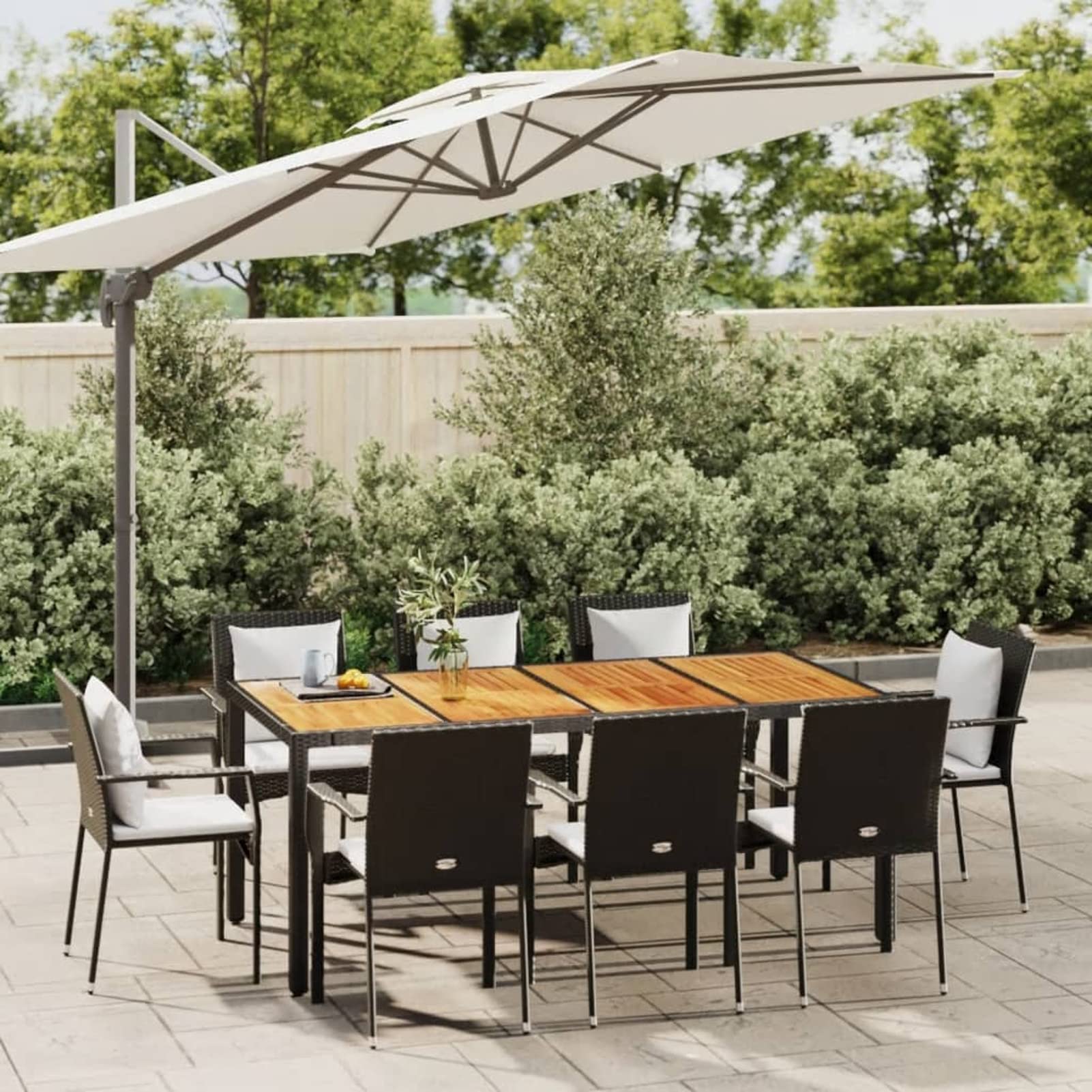 Salon de jardin 9 pièces en polyrotin 8 personnes Table de jardin avec chaises empilables Noir
