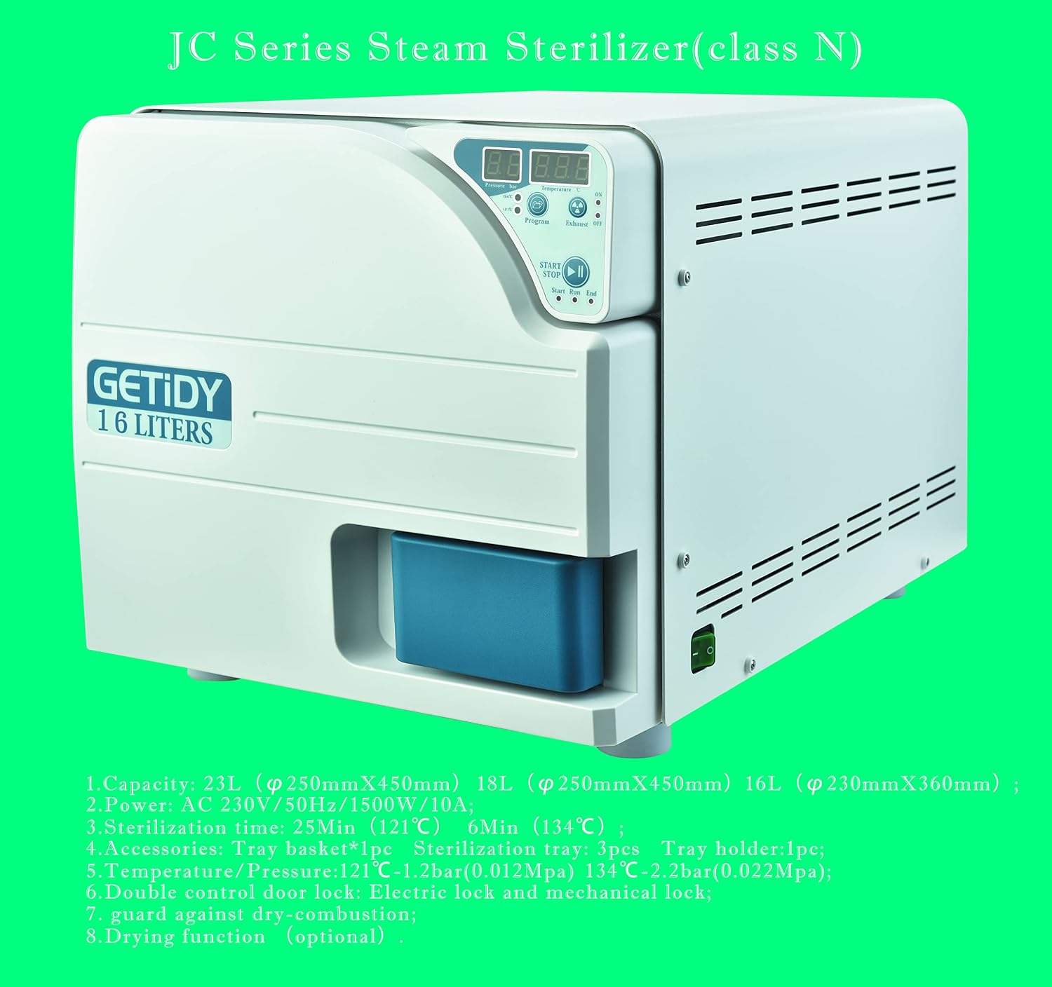 16L 16L Full Automatic Autoclave High Pressure Steam Sterilizer with Digital LED Screen Class N AutomaticTemperature Control Double Control Lock System (with Dry Function)