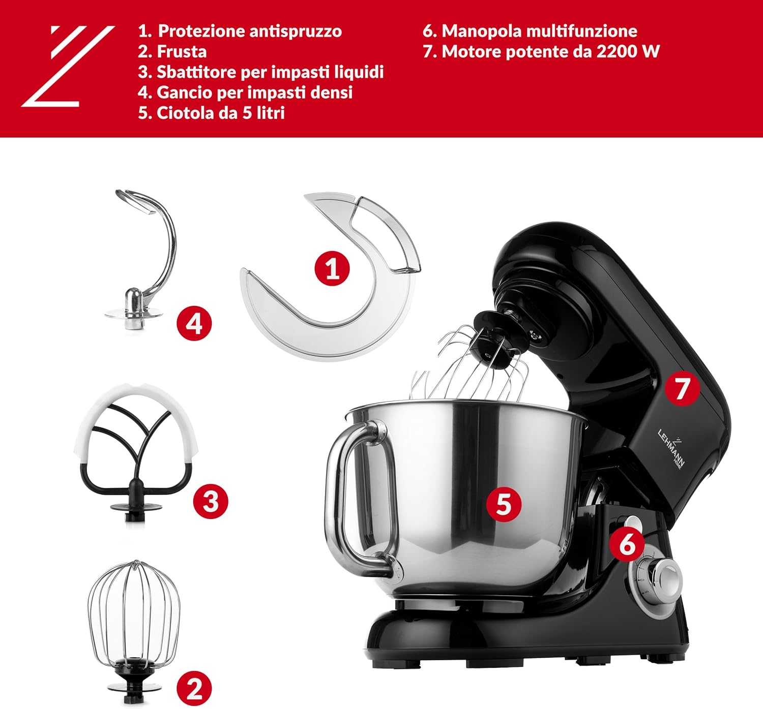 Diagram of LEHMANN Planetary Stand Mixer components with numbered labels