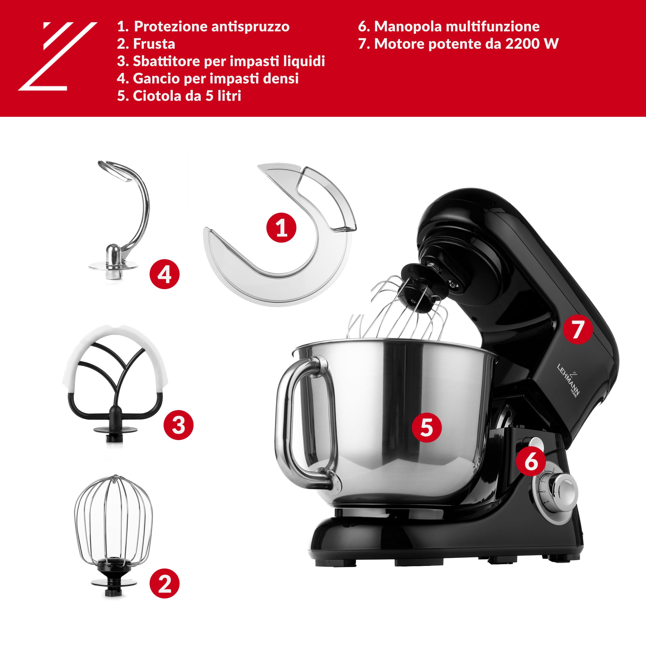 Lehmann Impastatrice Planetaria, 2200 W, Robot da Cucina Multifunzione Planetaria 5 Litri con Ciotola in Acciao Inossidabile, 6 Velocità, Pulse, 3 Ganci di Miscelazione