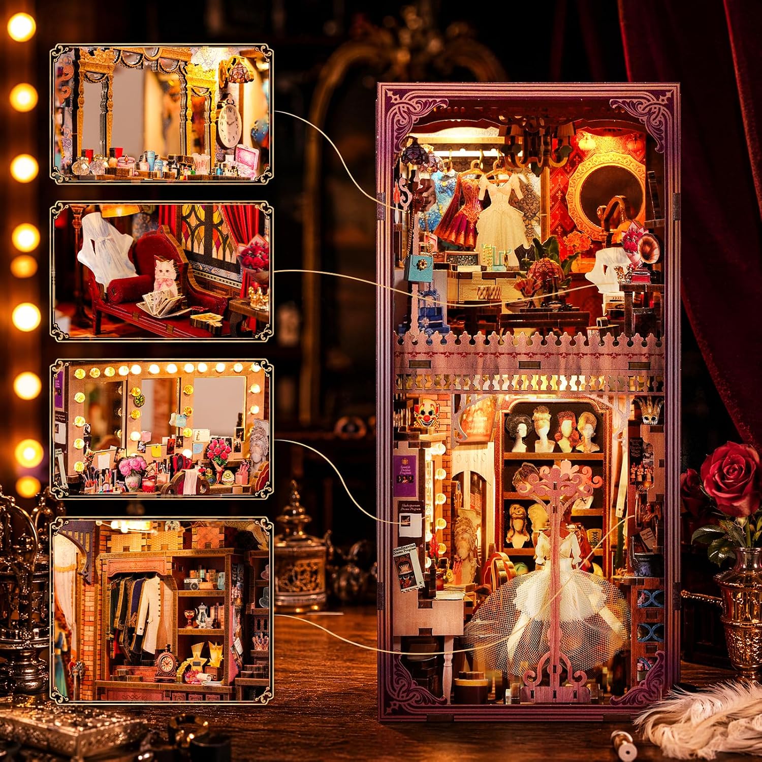 fifijoy Theatre Dressing Room DIY Book Nook Kit - DIY Miniature Dollhouse Book Nook Kit, Classic Theater 3D Wooden Puzzle Model Bookshelf Insert Decor, Gift for Craft Lovers (with Yellow Light) image 2