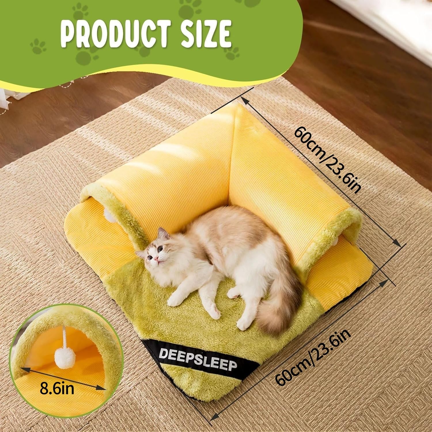 بيت قطط داخلي 2 في 1 من يواند هوم، العاب للقطط مع كرة منفوشة، بيت حيوانات اليفة ناعم قابل للطي لجميع الفصول، كهف للقطط شبه مغلق قابل للفصل لجميع الحيوانات الاليفة الصغيرة