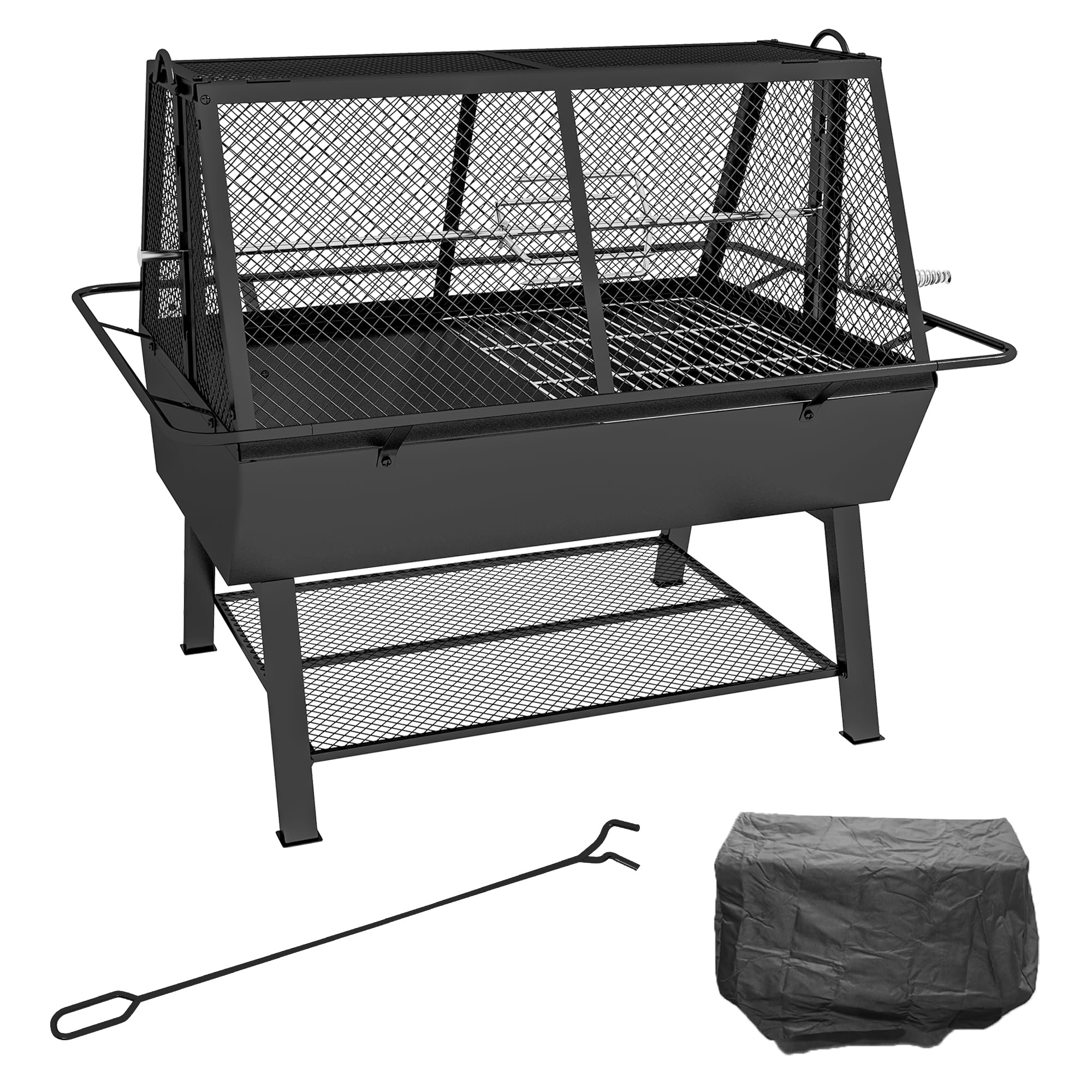 Outsunny 3-In-1 Fire Pit Grill Rotisserie With Adjustable Height, Mesh Lid & Storage Shelf - 846-131V00bk