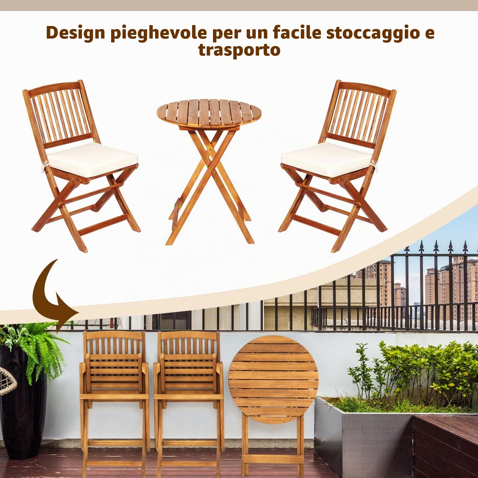KOMFOTTEU Set da Bistrò Pieghevole, Tavolo Portato 40 kg, Sedie con Cuscini Portato 160 kg, Set Giardino, Set Tavolo e Sedie da Giardino, Set da Esterno per Balcone (Cuscini Beige)