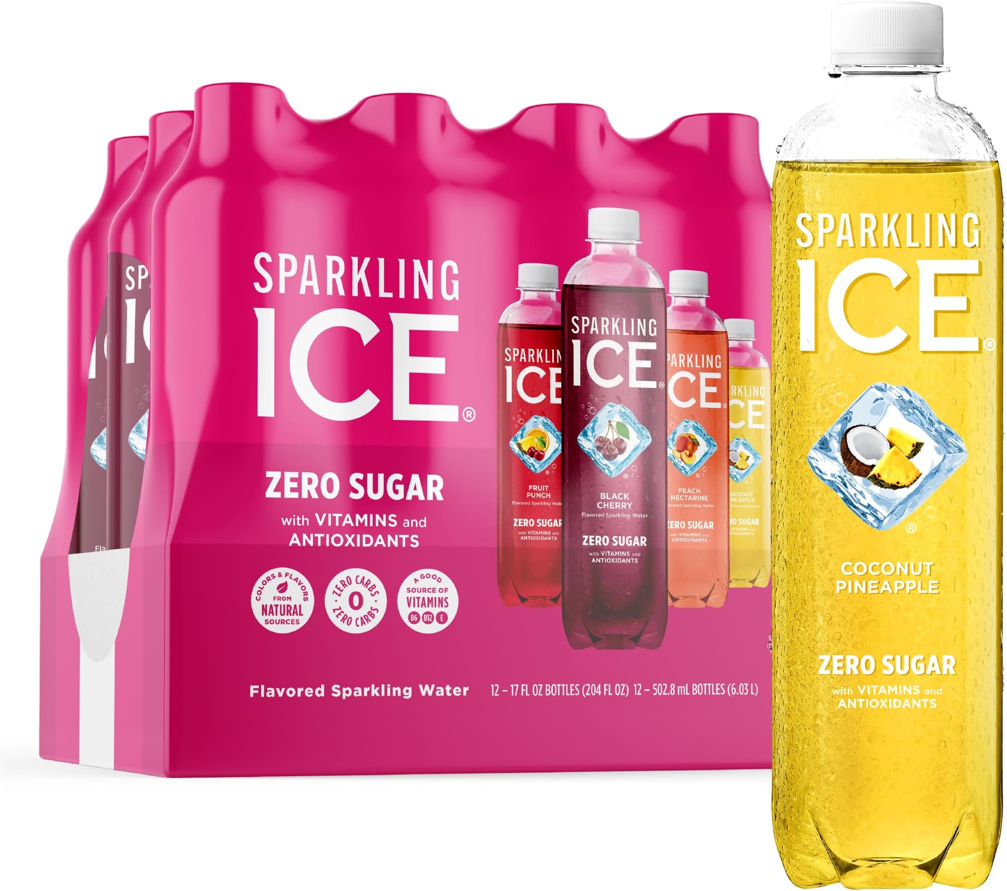 Pink Variety Pack, Flavored Sparkling Water, Zero Sugar, and Vitamins and Antioxidants, 17 fl oz, 12 count (Black Cherry, Peach Nectarine, Coconut Pineapple, Fruit Punch)
