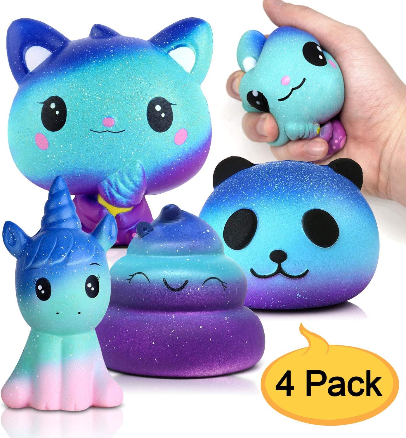 Amteker 4 Pack Galaxy Starry Giant Squishies Toy, Slow Rising Kawaii Scented Squeeze Stress Relief Jumbo Squishy Toys for Boys Girls (Unicorn + Cat + Panda + Poo)