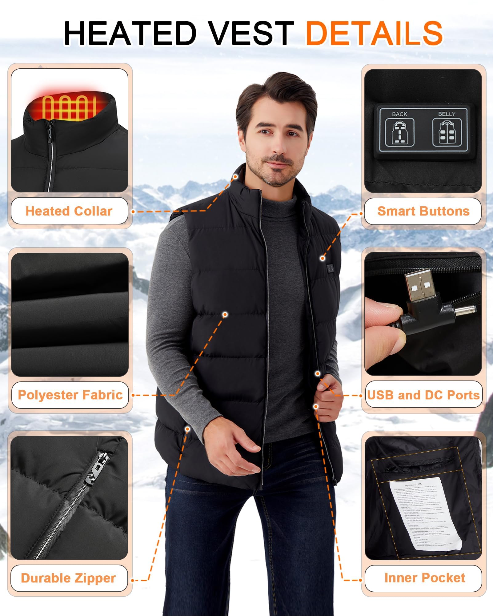 Gilet chauffant d'extérieur pour homme : gilet chauffant USB léger avec bloc de piles, gilet électrique d'hiver lavable, 15 zones de chauffage, veste chauffante chaude pour randonnée, ski