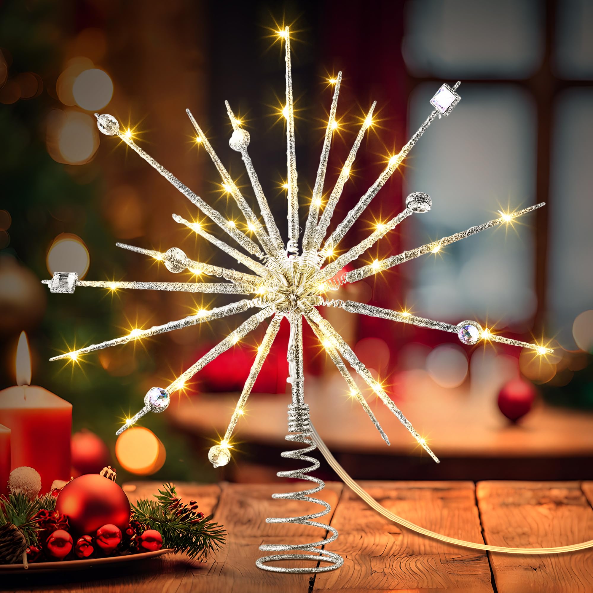 Decoración para árbol de Navidad de 15 pulgadas, estilo retro de mediados de siglo, decoración de árbol de estrella iluminada en 3D con cristal y 19 luces parpadeantes (plateado)