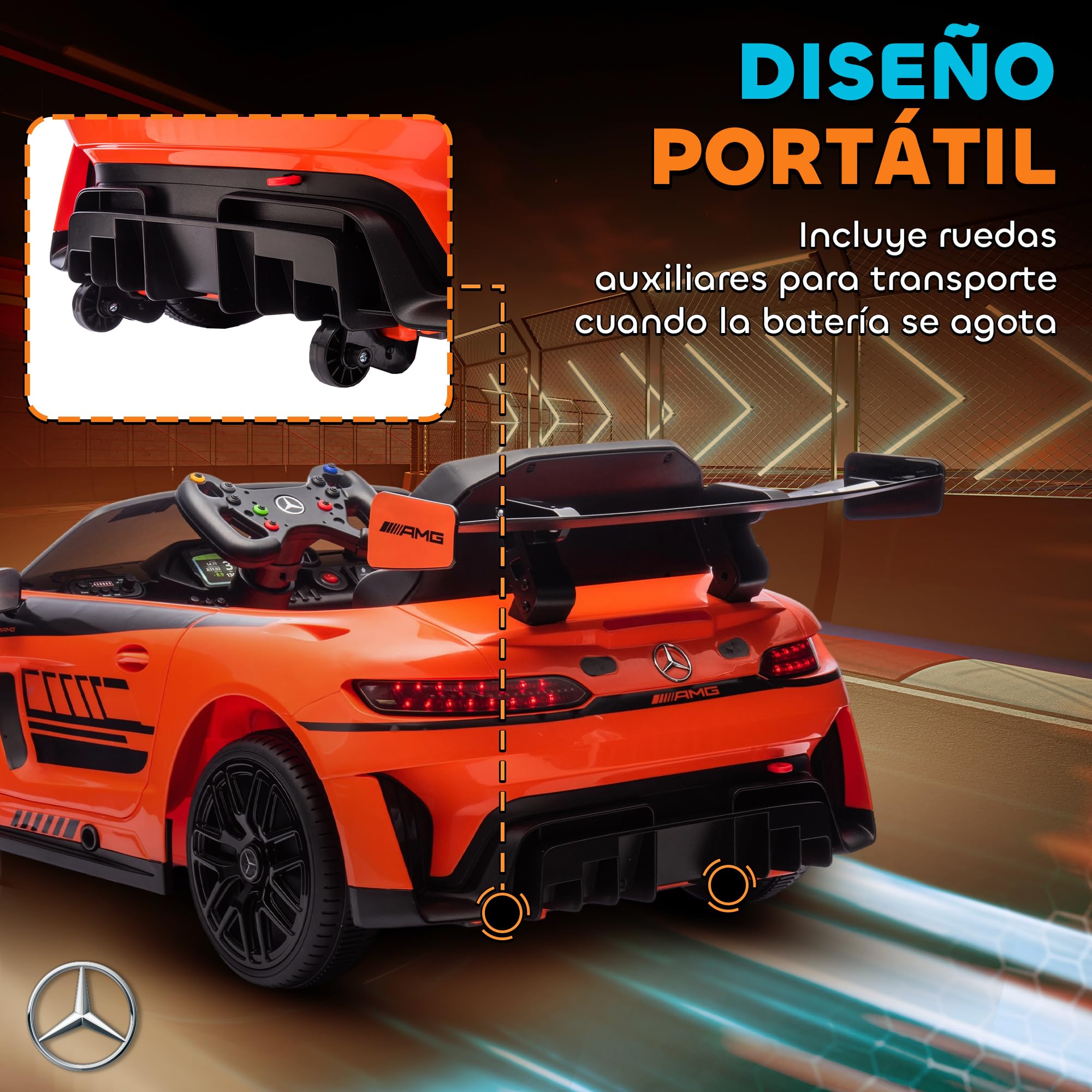 AIYAPLAY Coche Eléctrico para Niños Mercedes-AMG GT3 EVO 12V Faros Naranja | Mando a Distancia 2,4 G, Motor Doble, Ruedas Auxiliares, Asa de Arrastre, Música Inalámbrica