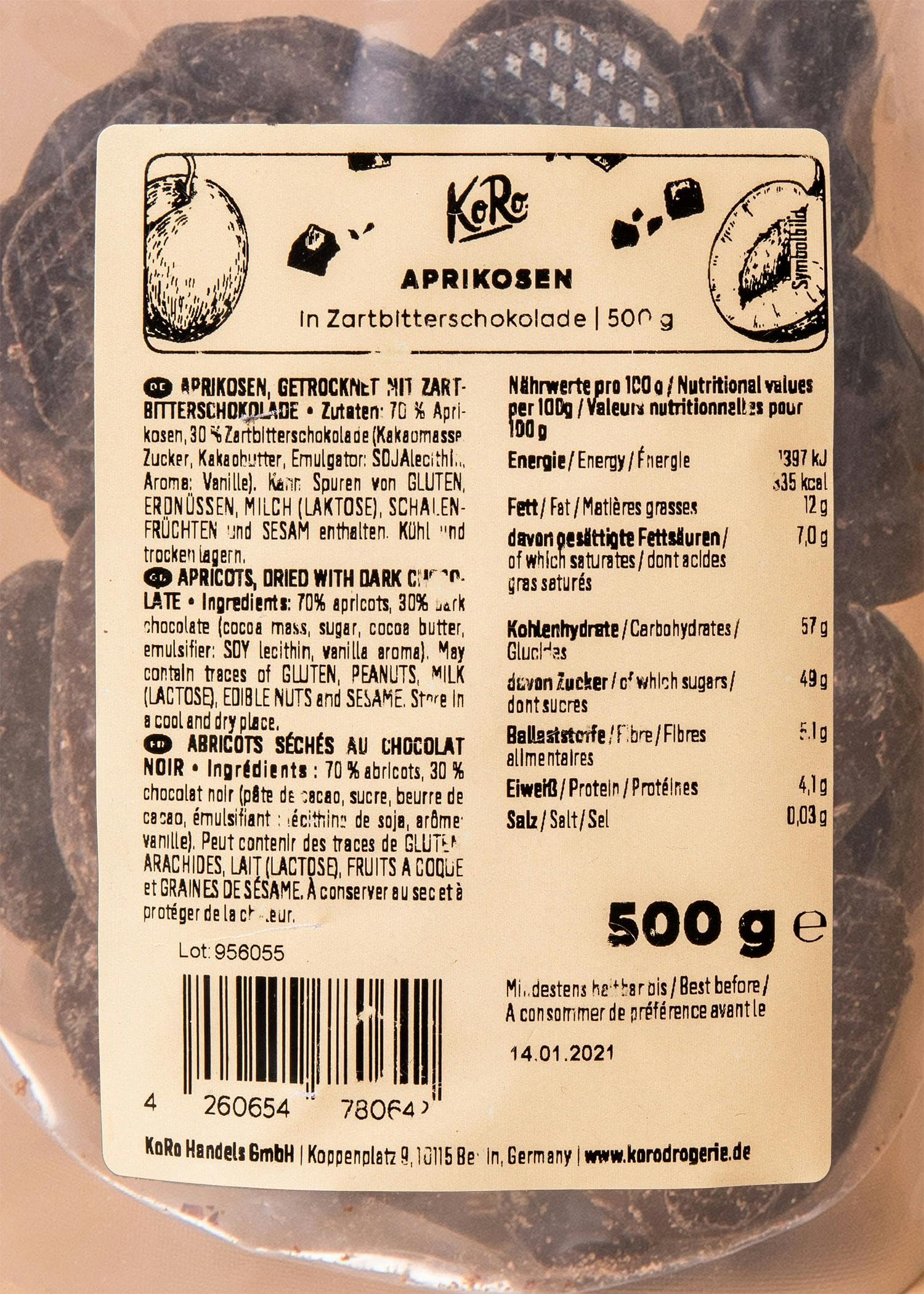 KoRo - Albicocche al cioccolato fondente formato prova 500 g - Delizioso snack vegano senza zuccheri aggiunti