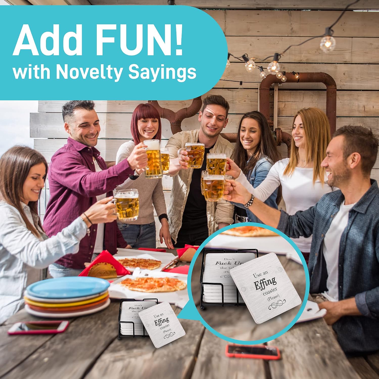 Black Friday Clearance Funny Coasters for Drinks Absorbent with Holder - 6 Pcs Novelty Gifts Set - 6 Sayings - Unique Present for Friends, Men, Women, Housewarming, Birthday, Living Room Decor, White Elephant, Holiday Party