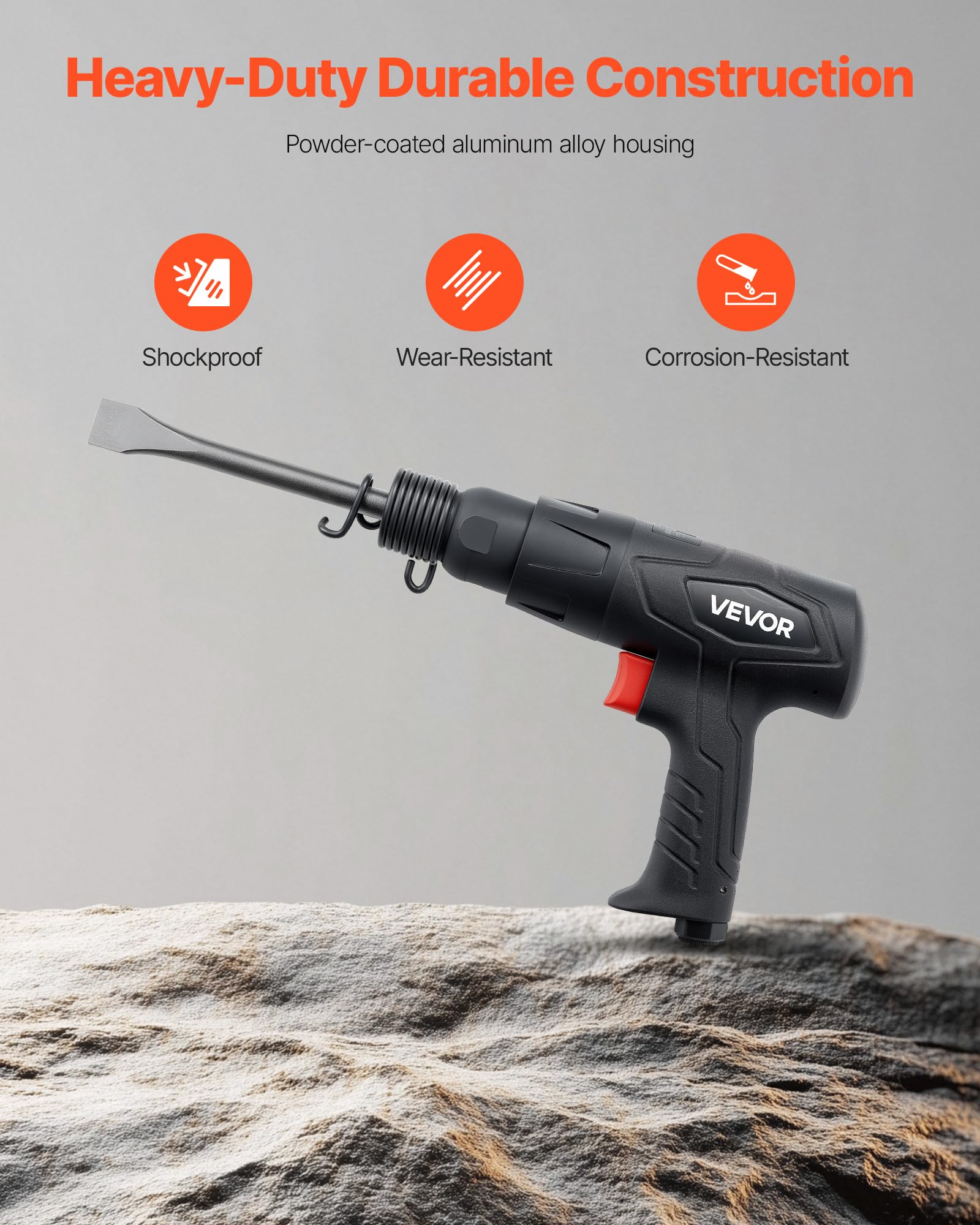 VEVOR Martello Pneumatico 2500-2700 Colpi/min, Corsa 7 cm, 4 Scalpelli 17 cm