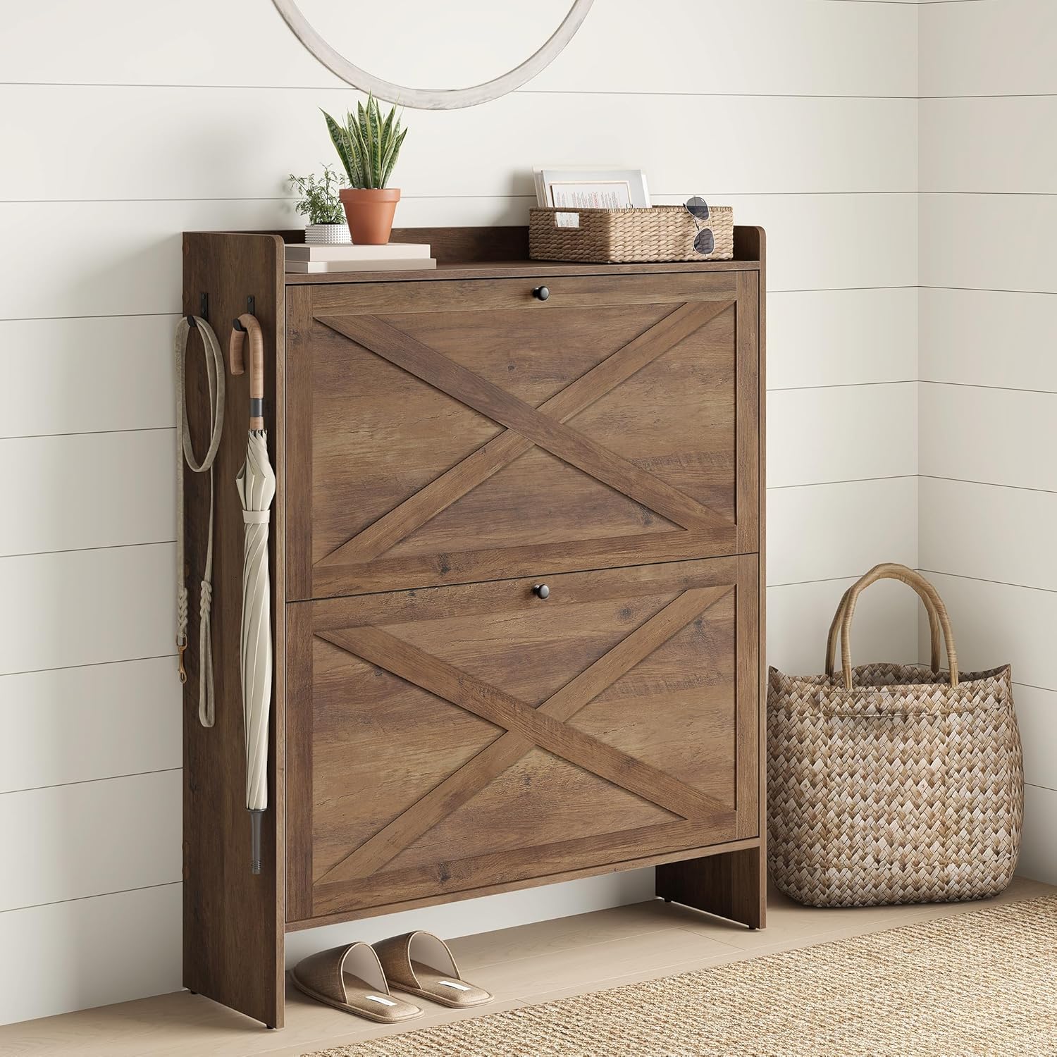 VASAGLE Shoe Storage Cabinet Organizer with 2 Flip Drawers, Freestanding Narrow Shoe Rack Cabinet for Entryway, Farmhouse Style, Fits 14 to 16 Pairs, Honey Brown UHSC203KB01S