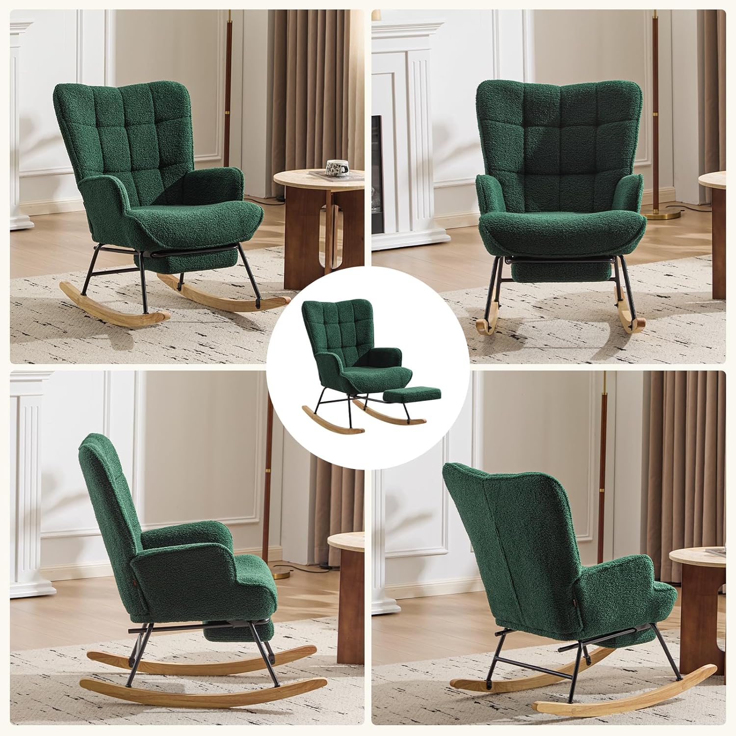 Furniliving Nursery Rocking Chair Upholstered Glider Rocking Chair Modern Accent Chair with Retractable Footrest Reading Chair with High Backrest Comfy Chair for Living Room, Green, Teddy