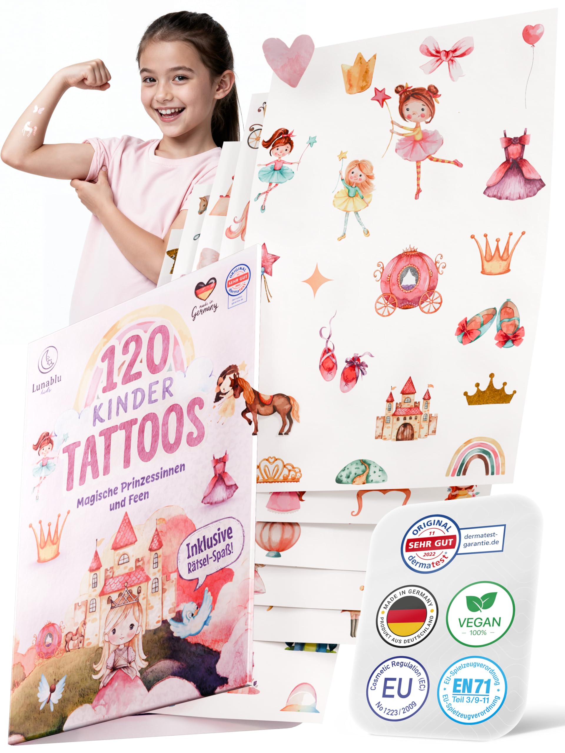 Lunablu 120 Hautfreundliche Kinder Tattoos [Dermatologisch Zertifiziert] MADE IN GERMANY | Geschenk für Kinder | Kindertattoos für Jungen und Mädchen | Tattoo - Prinzessinnen & Feen