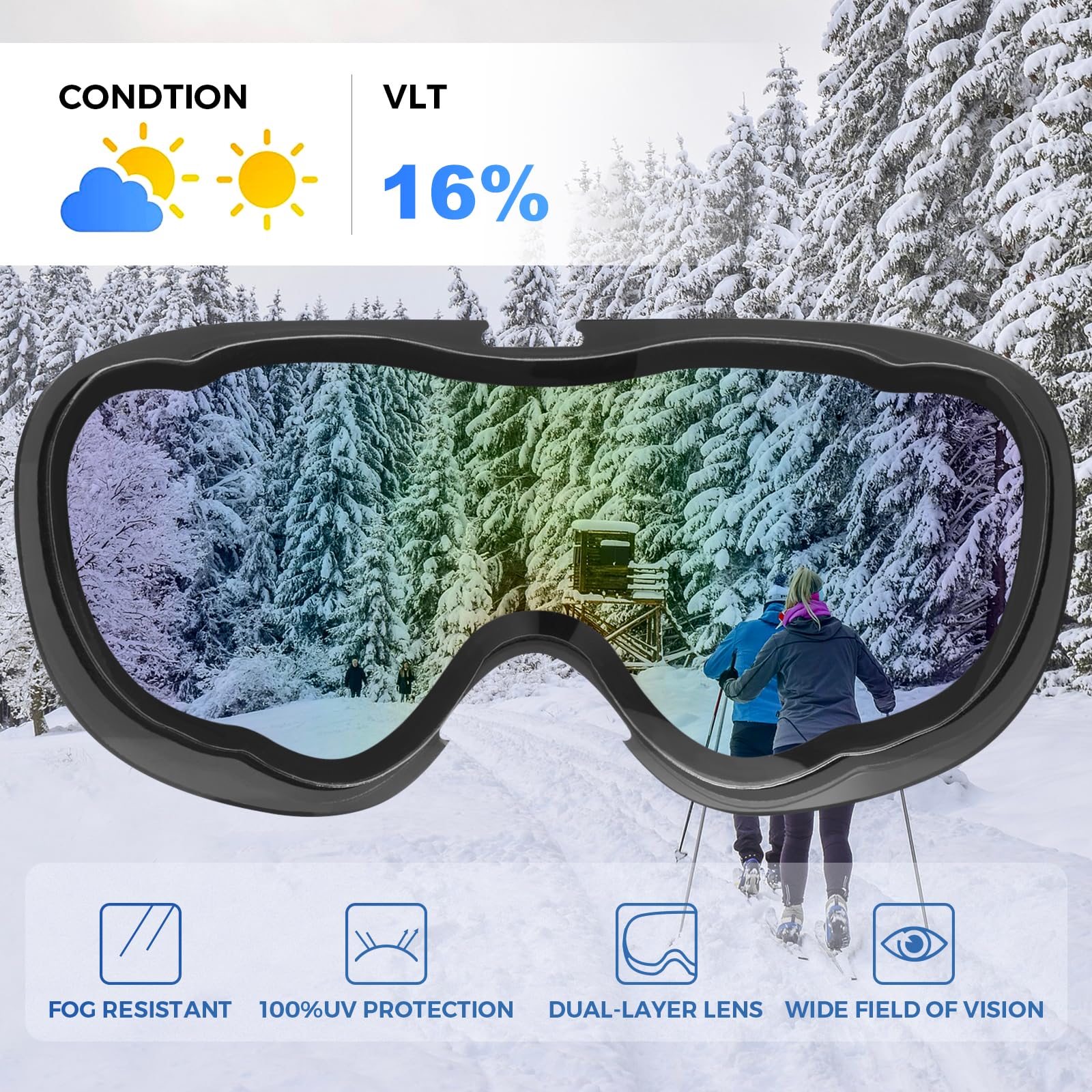 AVAWAY OTG Occhiali da Sci Sopra Casco Compatibili Anti Nebbia Snowboard Occhiali Sport Neve con Cinturino Anti-Slip Protezione 100% UV, Anti-Glare Occhiali da Sci